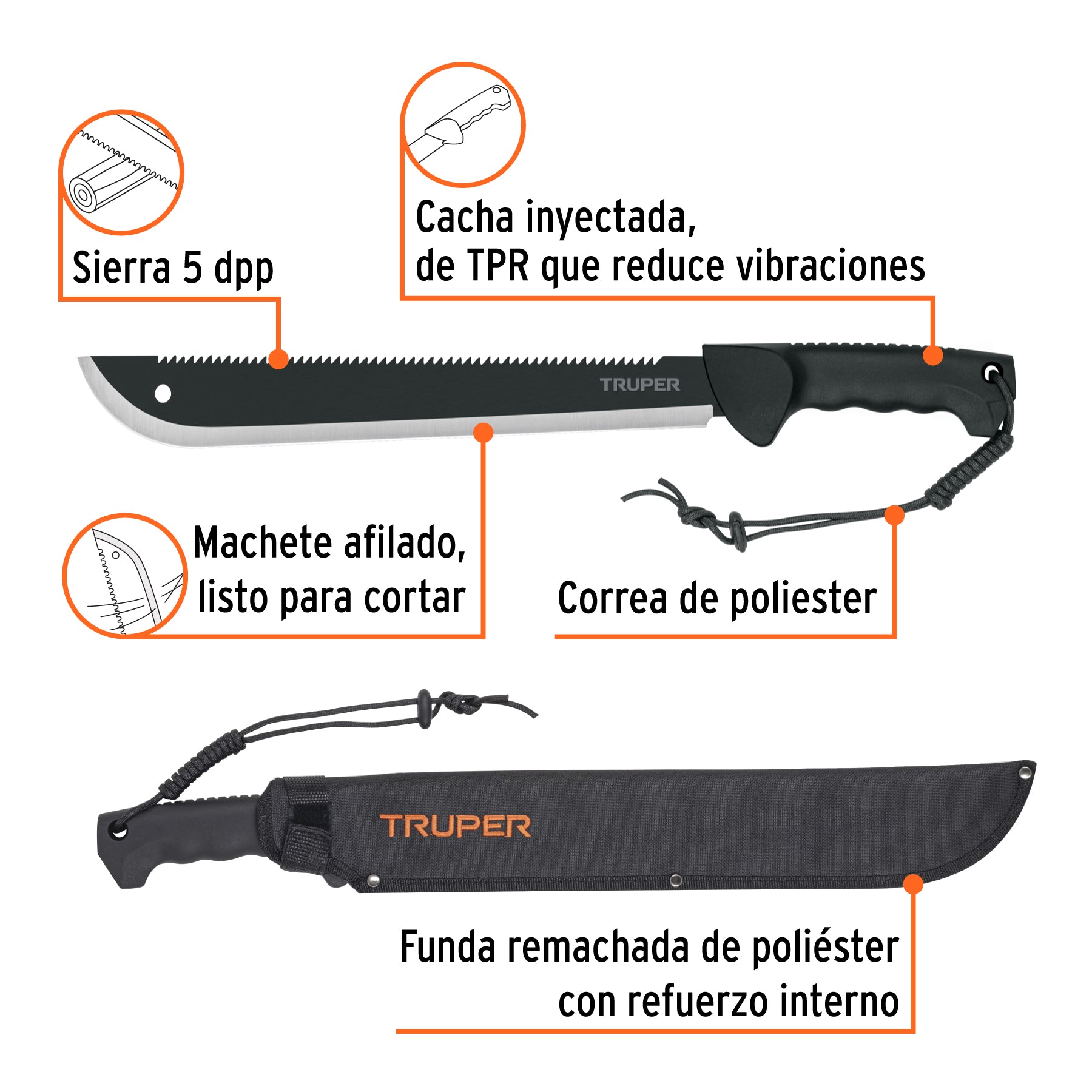 Machete doble filo 14', cacha inyectada, con funda, TRUPER