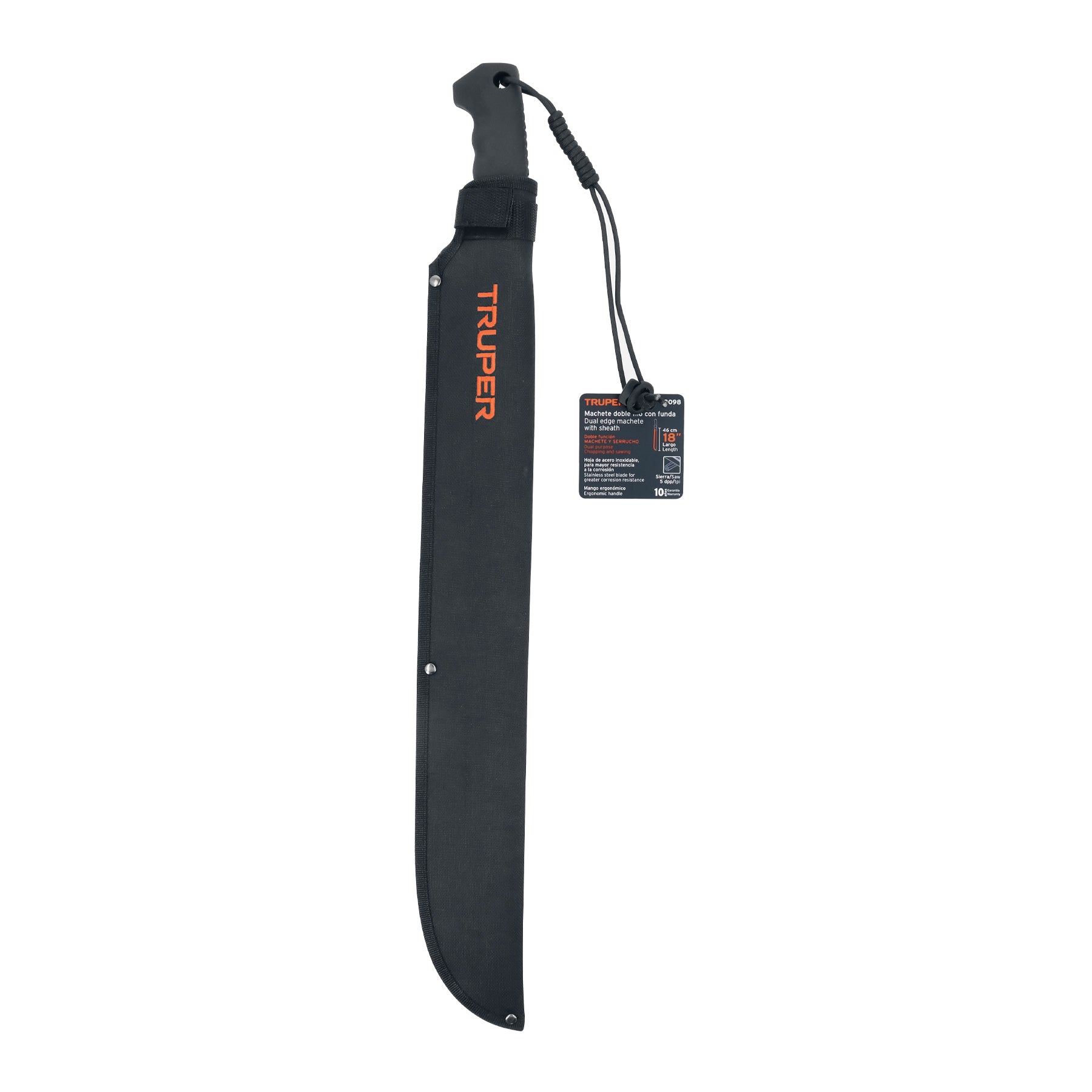 Machete doble filo, 18" con mango inyectado y funda.
