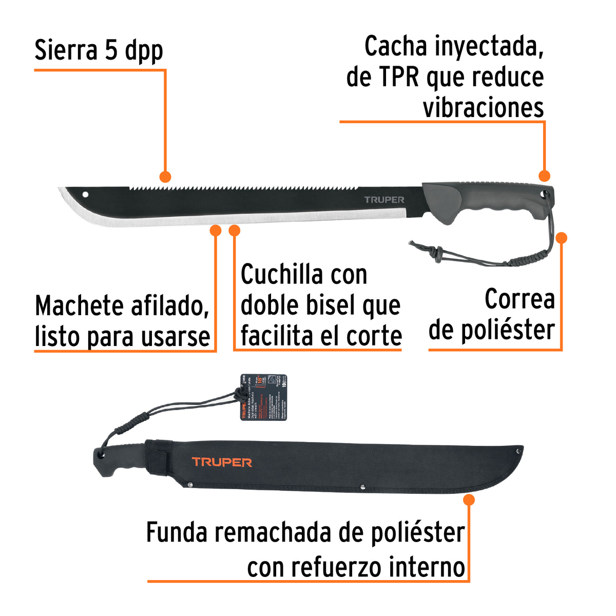 Machete doble filo, 18" con mango inyectado y funda.