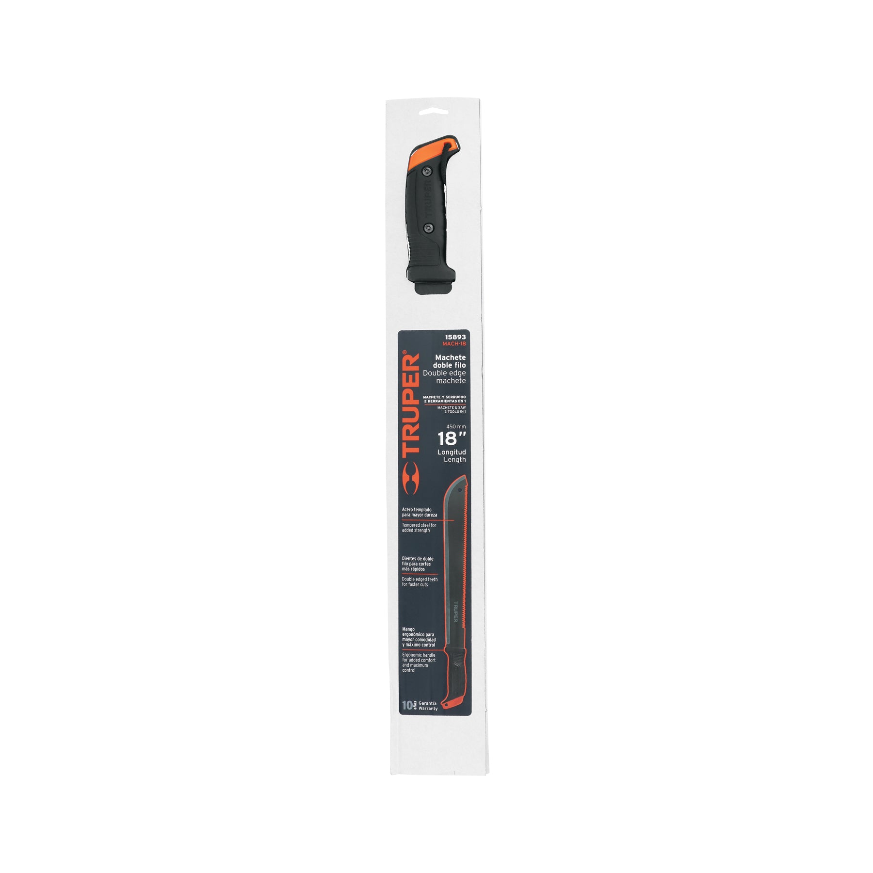 Machete doble filo, 18", en blister