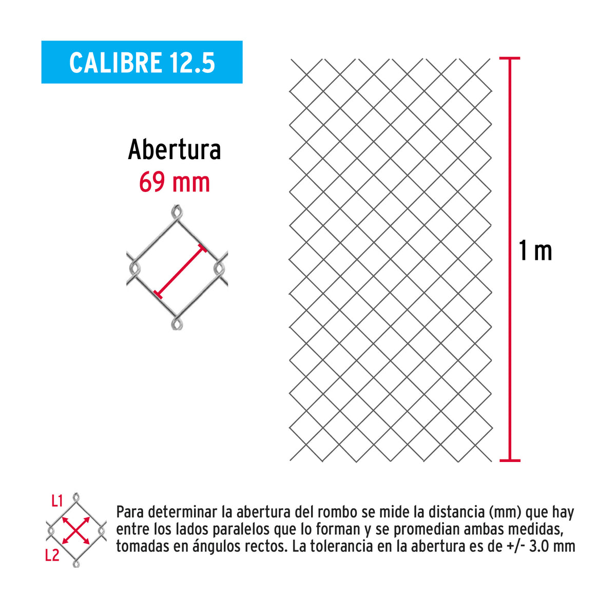Malla ciclónica, calibre 12.5, abertura 69 x 69, 1 x 20 m