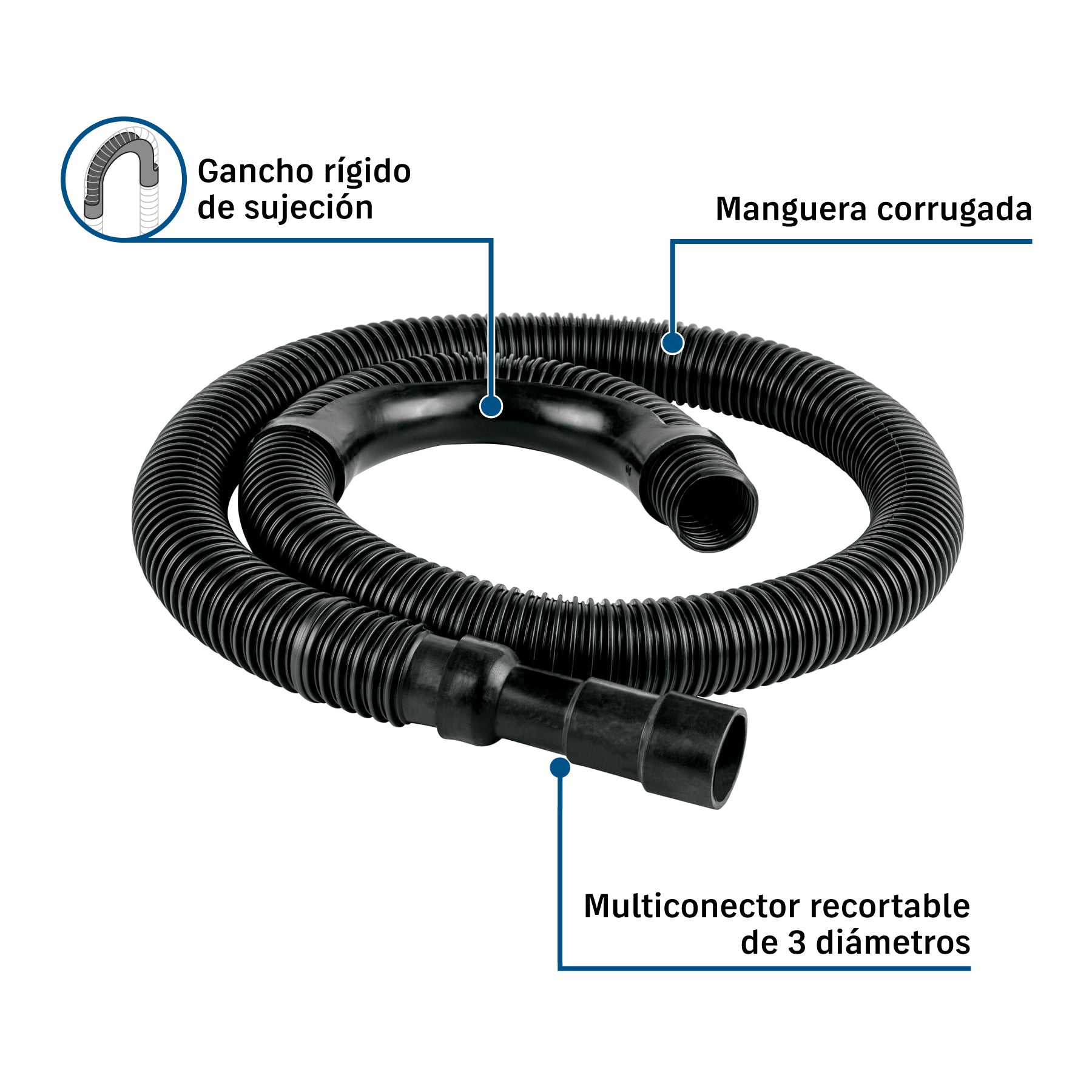 Manguera reforzada con multiconector, desagüe lavadora, 1.5m