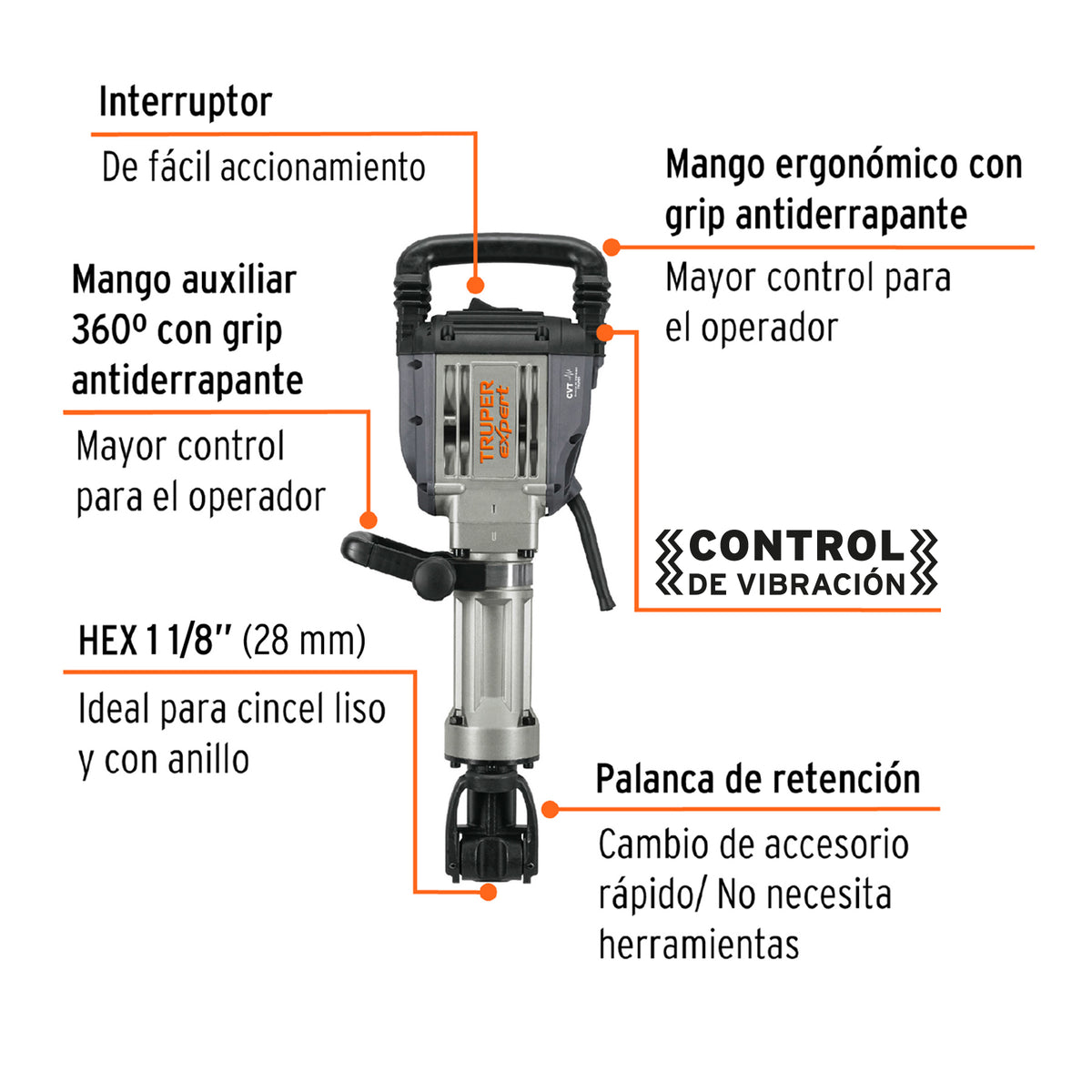 Martillo demoledor HEX 20 kg, 55 J, 1600 W Truper Expert