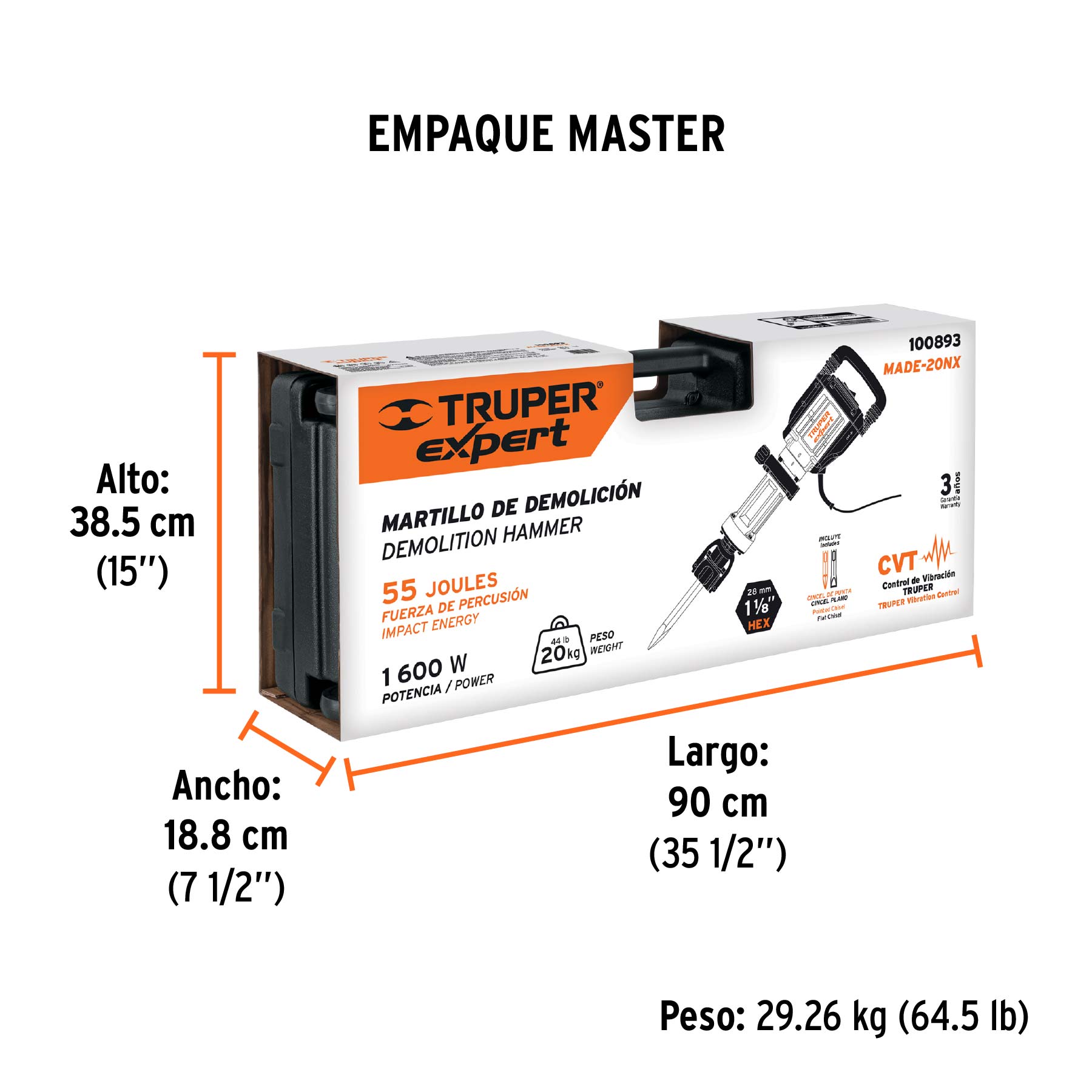 Martillo demoledor HEX 20 kg, 55 J, 1600 W Truper Expert