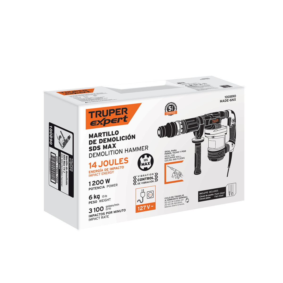 Martillo demoledor SDS Max 6 kg, 14J, 1200W, Truper Expert