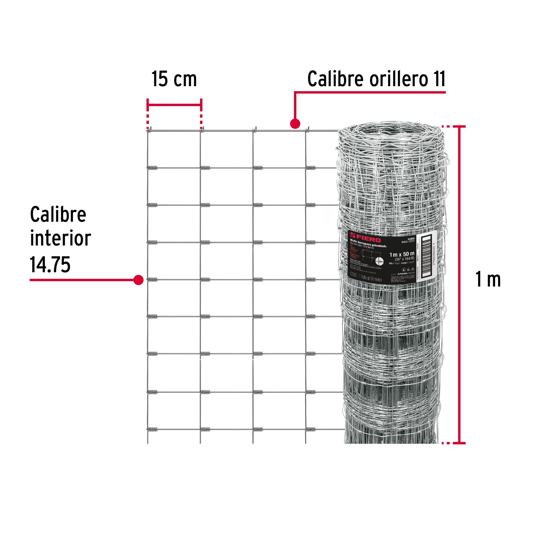 Malla ganadera de acero galvanizado, 1.0 X 50 m