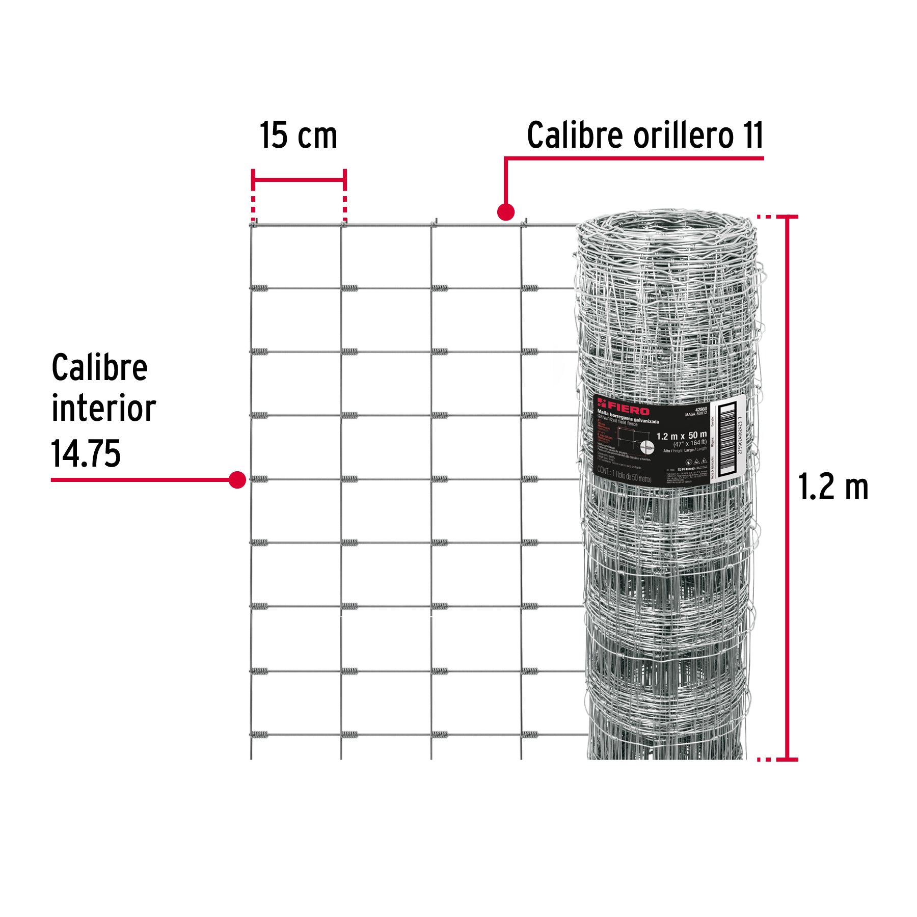 Malla ganadera de acero galvanizado, 1.20 X 50 m