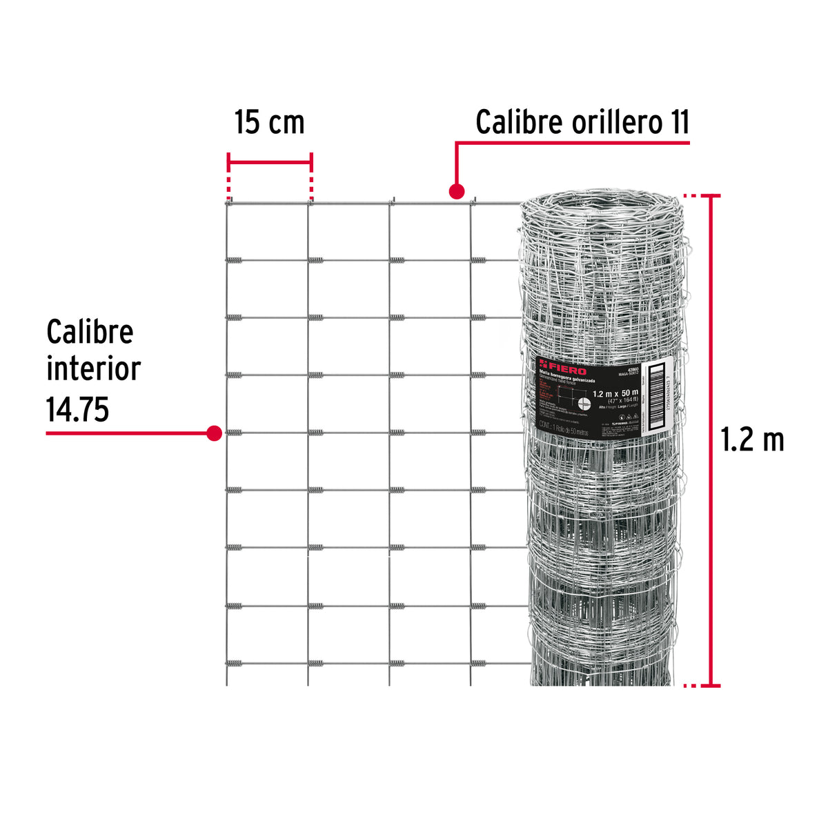 Malla ganadera de acero galvanizado, 1.20 X 50 m