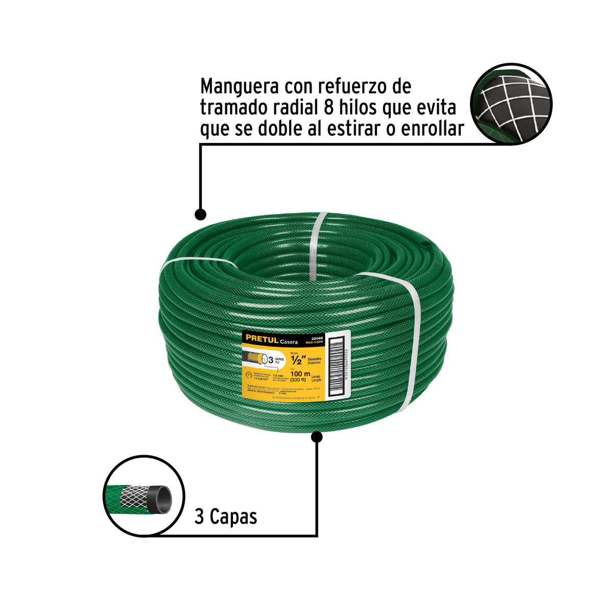 Manguera 1/2", reforzada, 3 capas, 100 m, Pretul