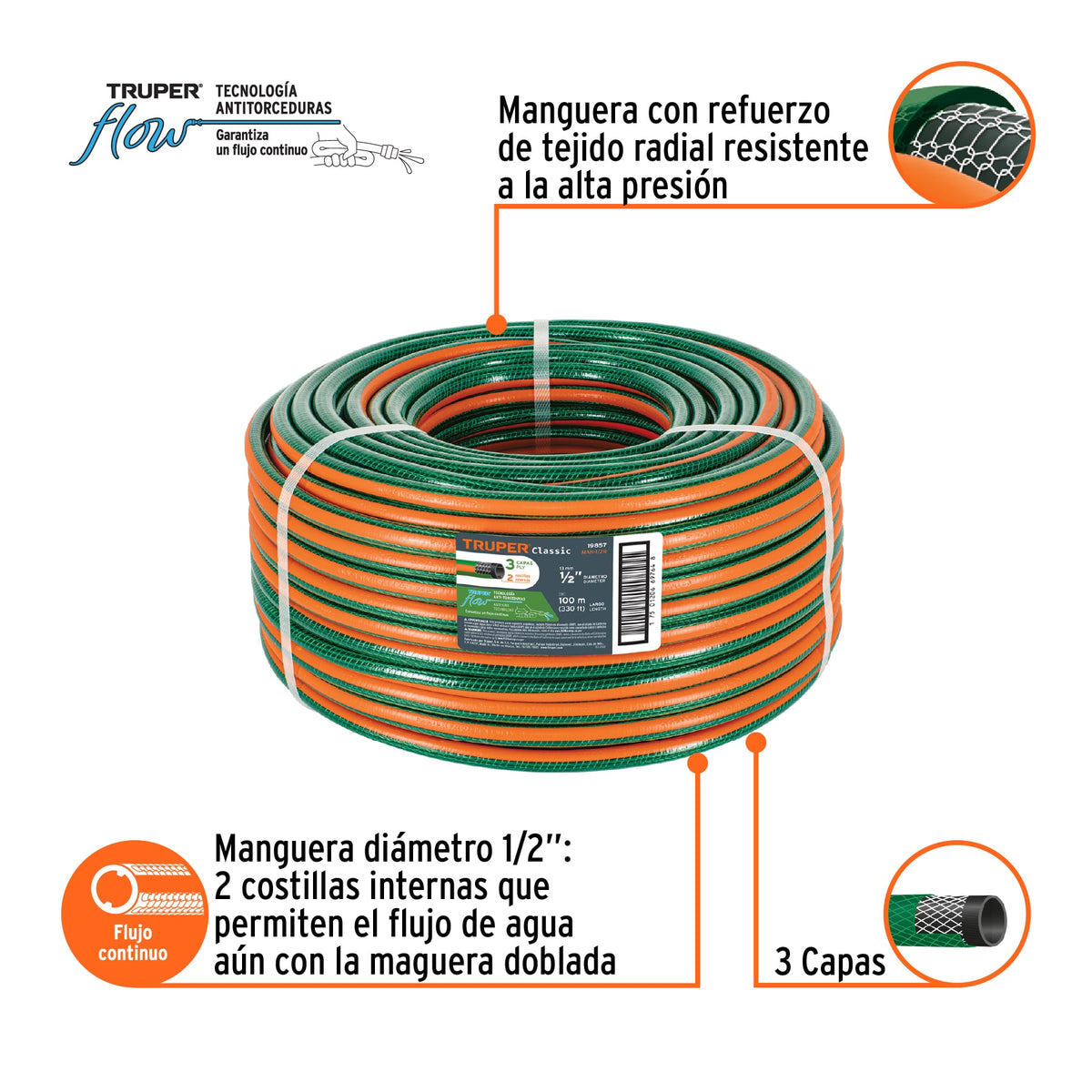 Manguera 1/2", reforzada, 3 capas, 100 m