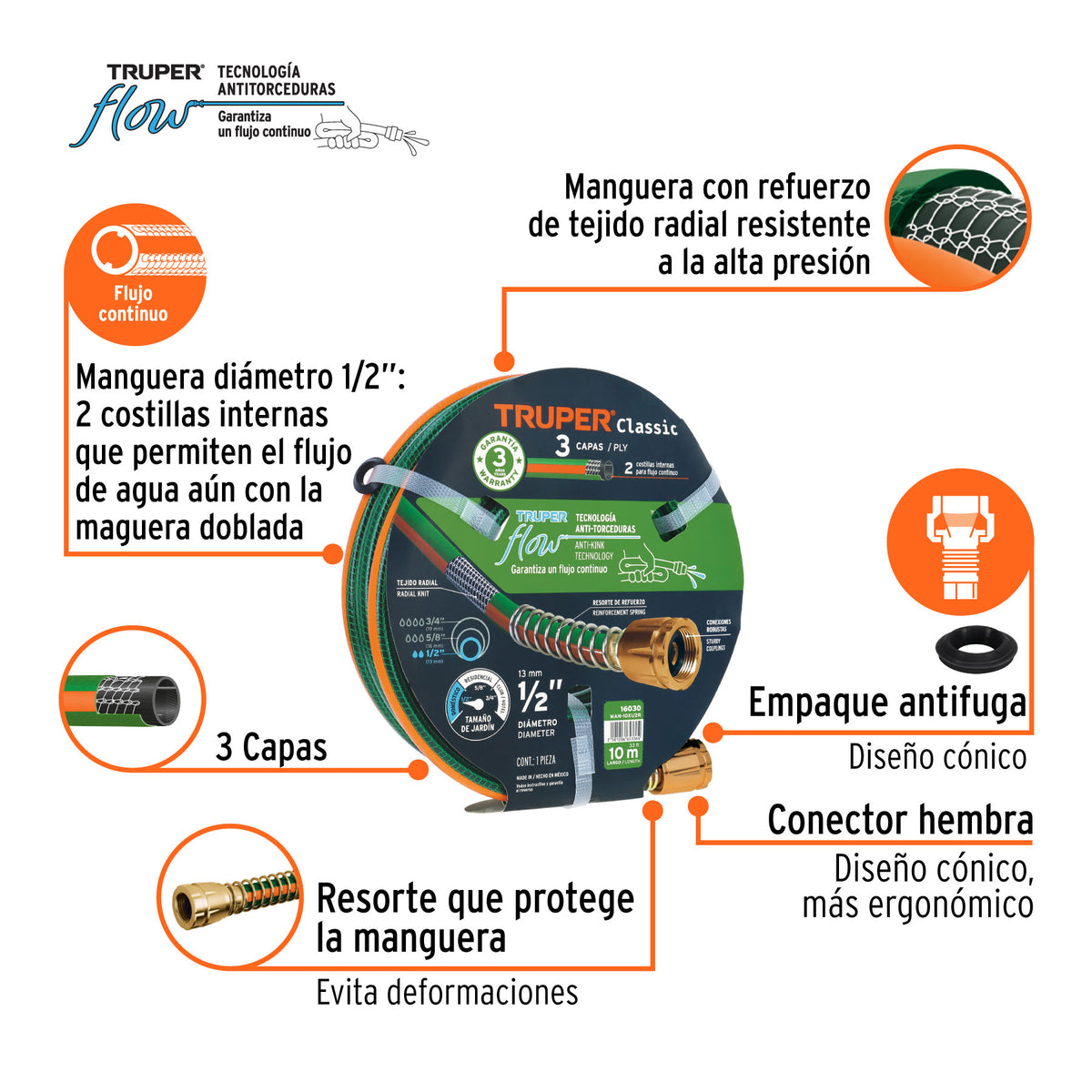 Manguera 1/2", reforzada 3 capas, conexiones de metal, 10 m