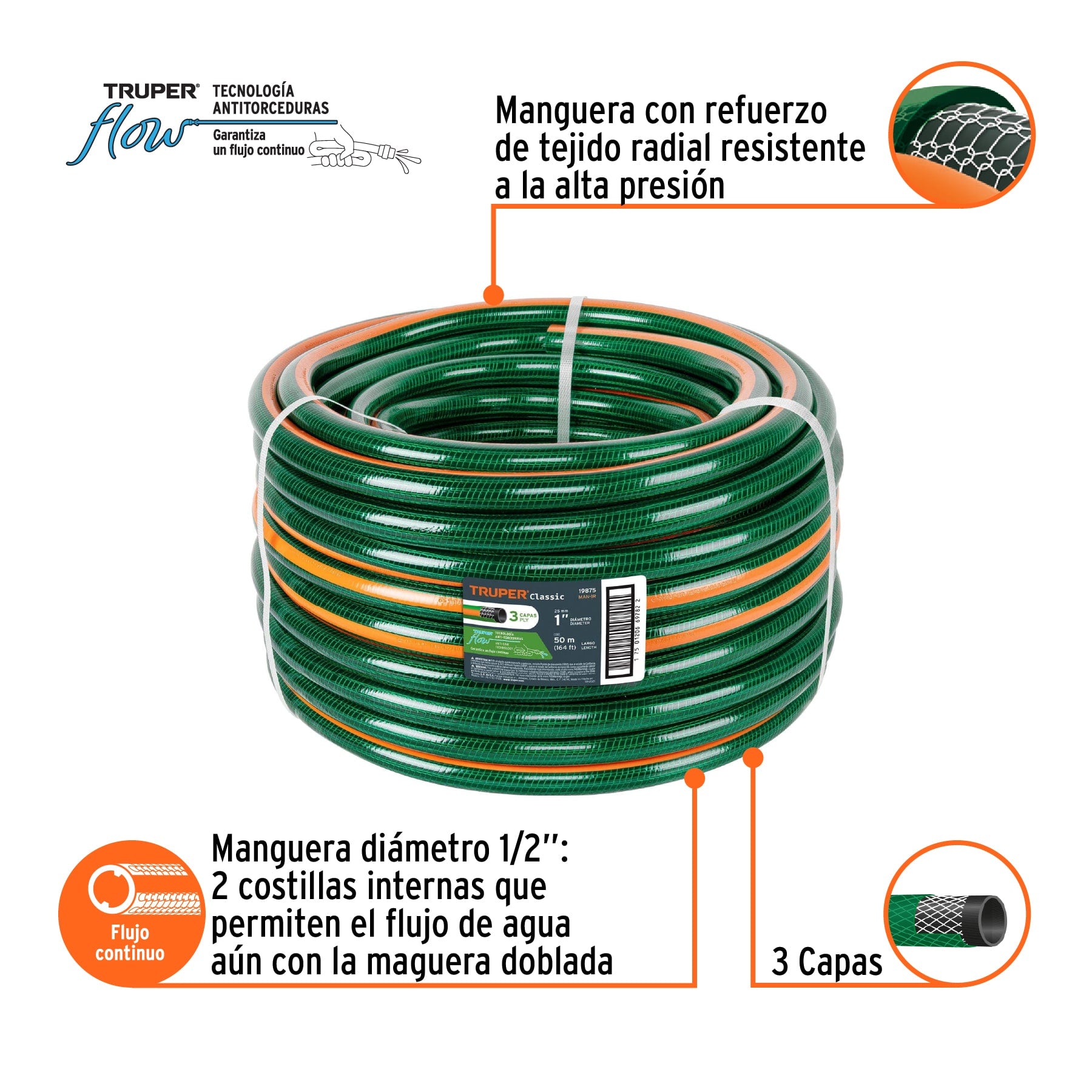 Manguera 1", reforzada, 3 capas, 50 m
