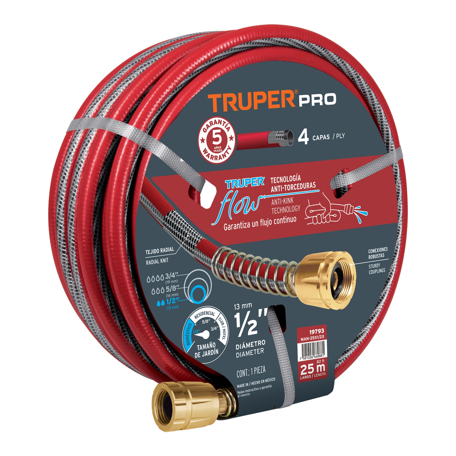 Manguera 1/2", super reforzada 4 capas, conexiones metal,25m