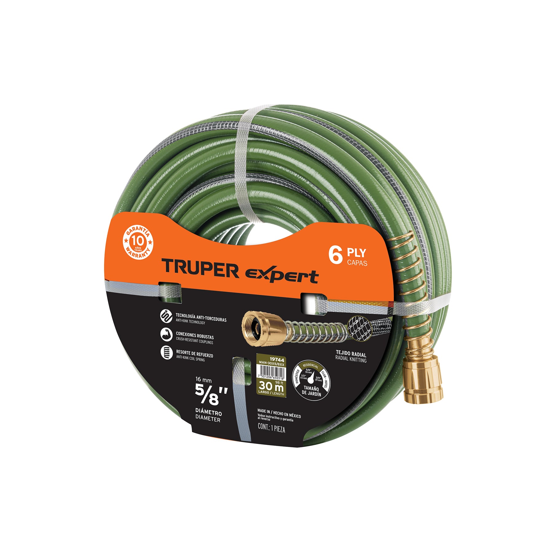 Manguera 5/8", flujo continuo 6 capas, conexiones metal, 25m