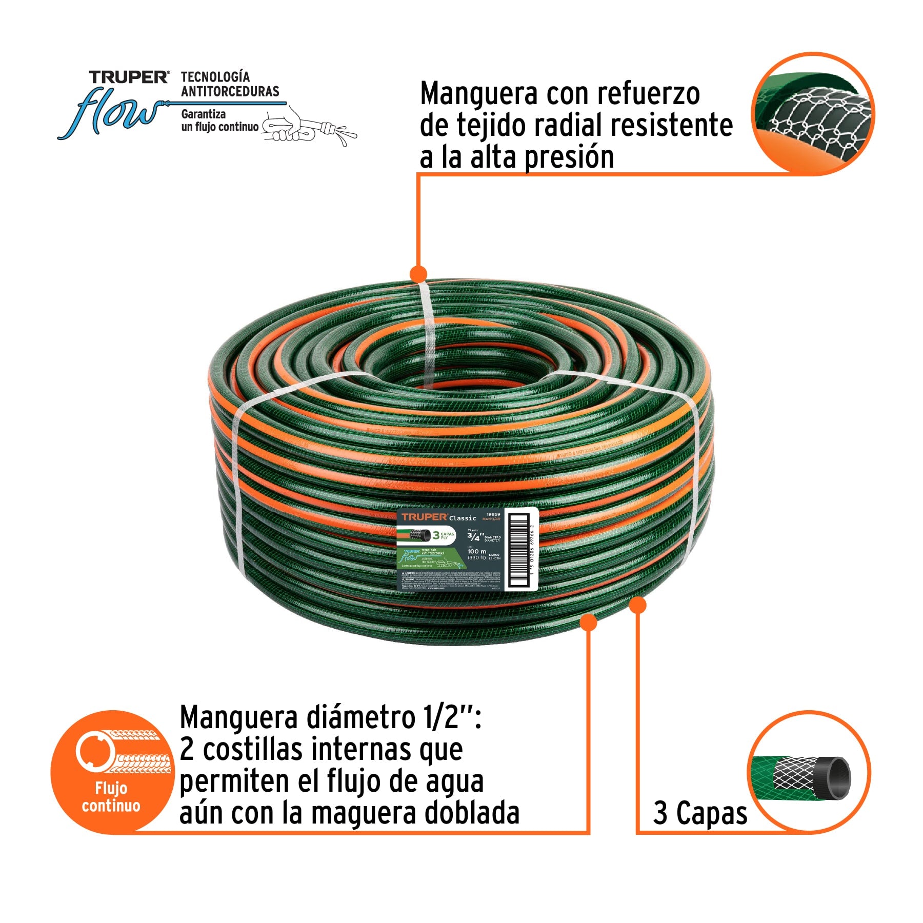 Manguera 3/4", reforzada, 3 capas, 100 m