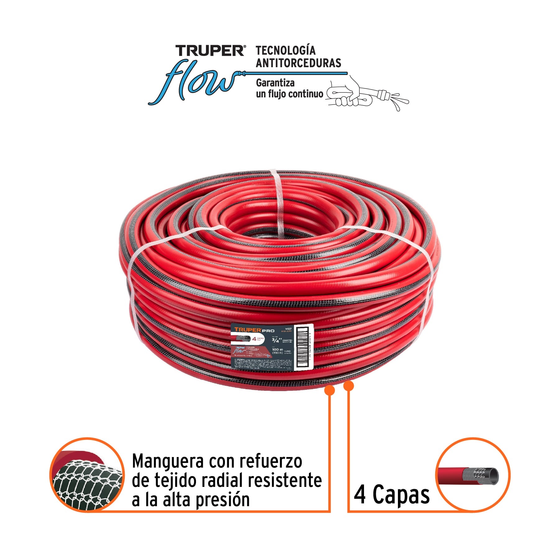 Manguera 3/4", super reforzada, 4 capas, 100 m