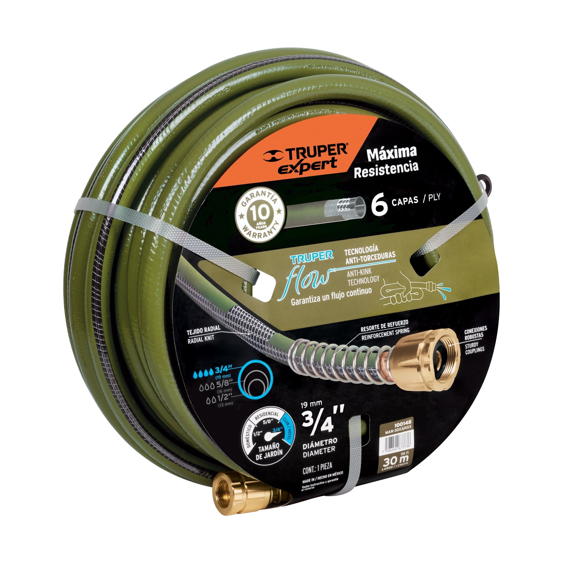 Manguera 3/4", flujo continuo 6 capas, conexiones metal, 30m