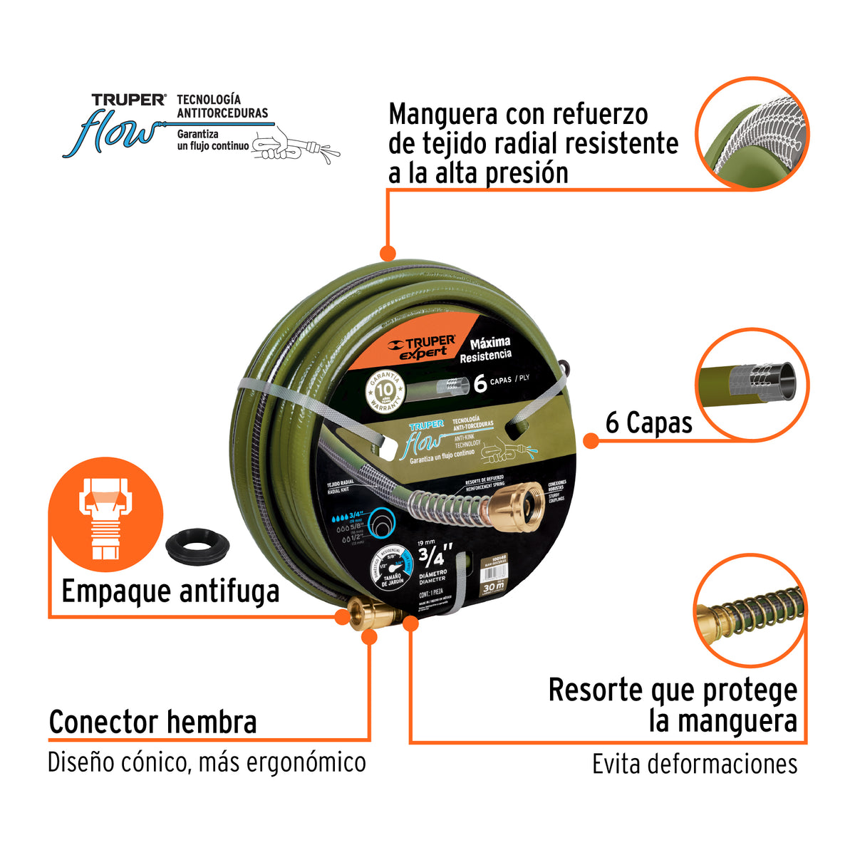 Manguera 3/4", flujo continuo 6 capas, conexiones metal, 30m