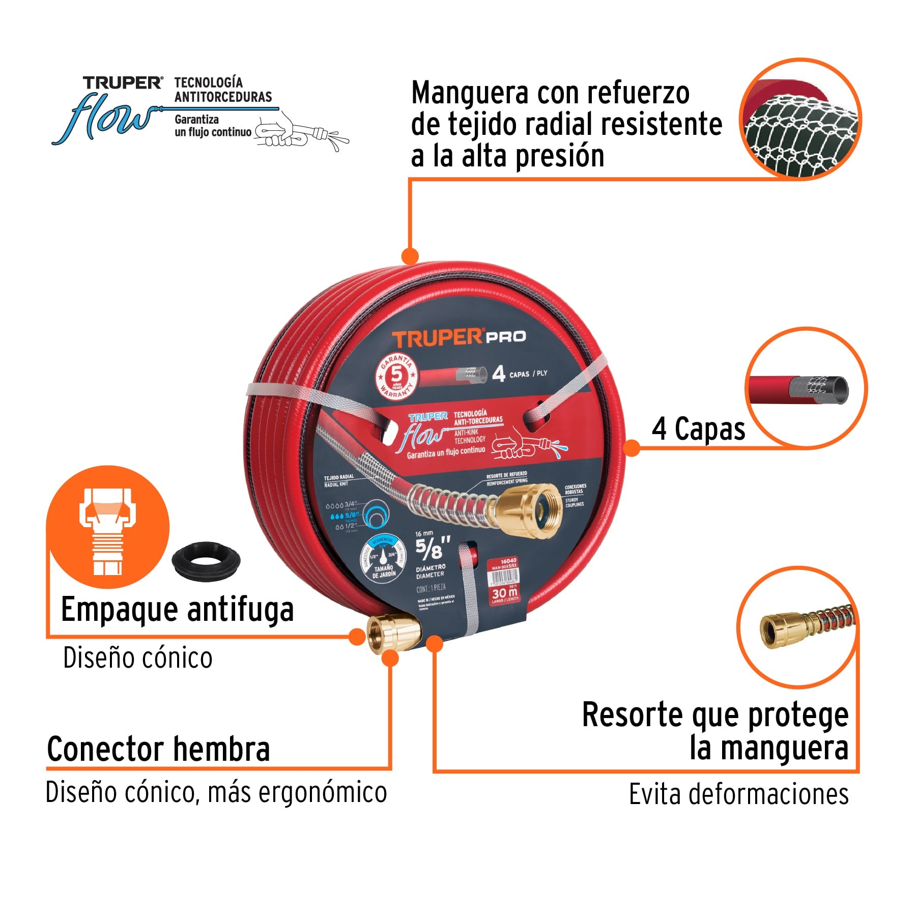 Manguera 5/8", super reforzada 4 capas, conexiones metal,30m