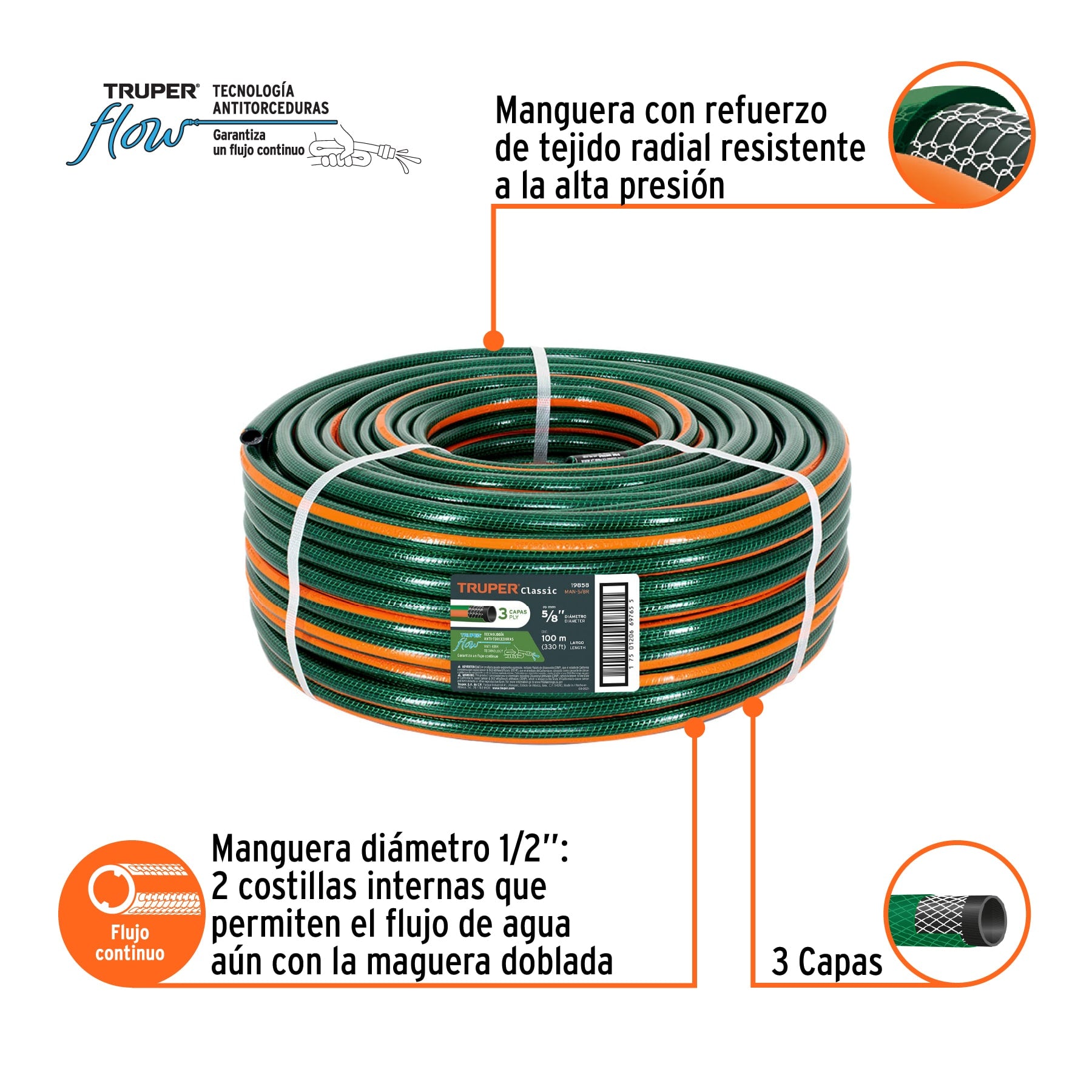 Manguera 5/8", reforzada, 3 capas, 100 m