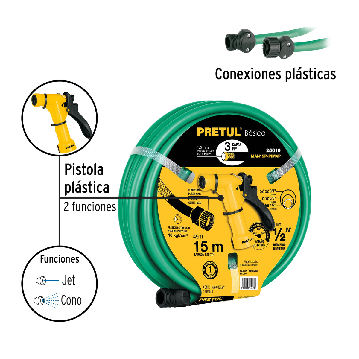 Combo de manguera MAN-15X1/2P y pistola PIM-4P, 15 m, Pretul
