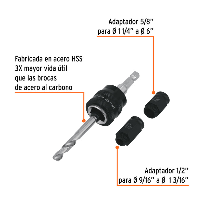 Mandril de cambio rápido con adaptadores y broca, Truper
