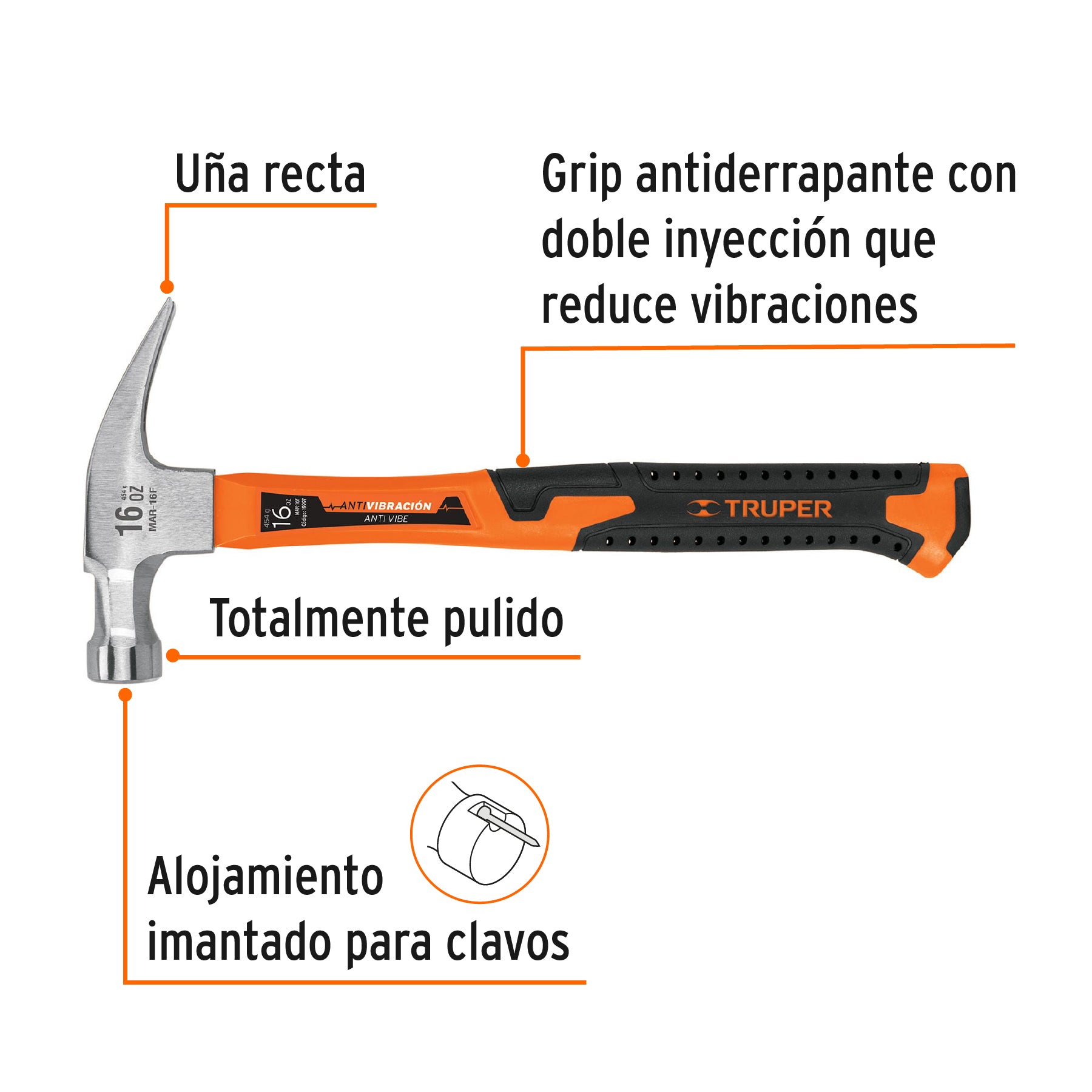 Martillo de uña recta de 16oz, mango fibra de vidrio