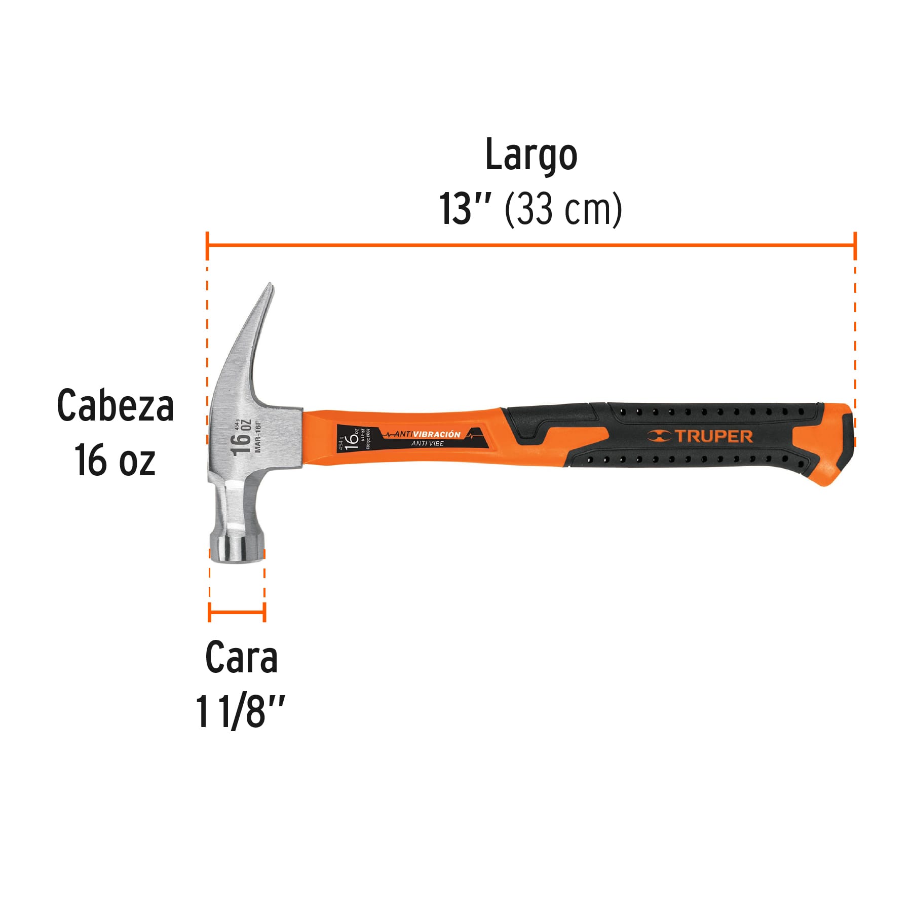 Martillo de uña recta de 16oz, mango fibra de vidrio