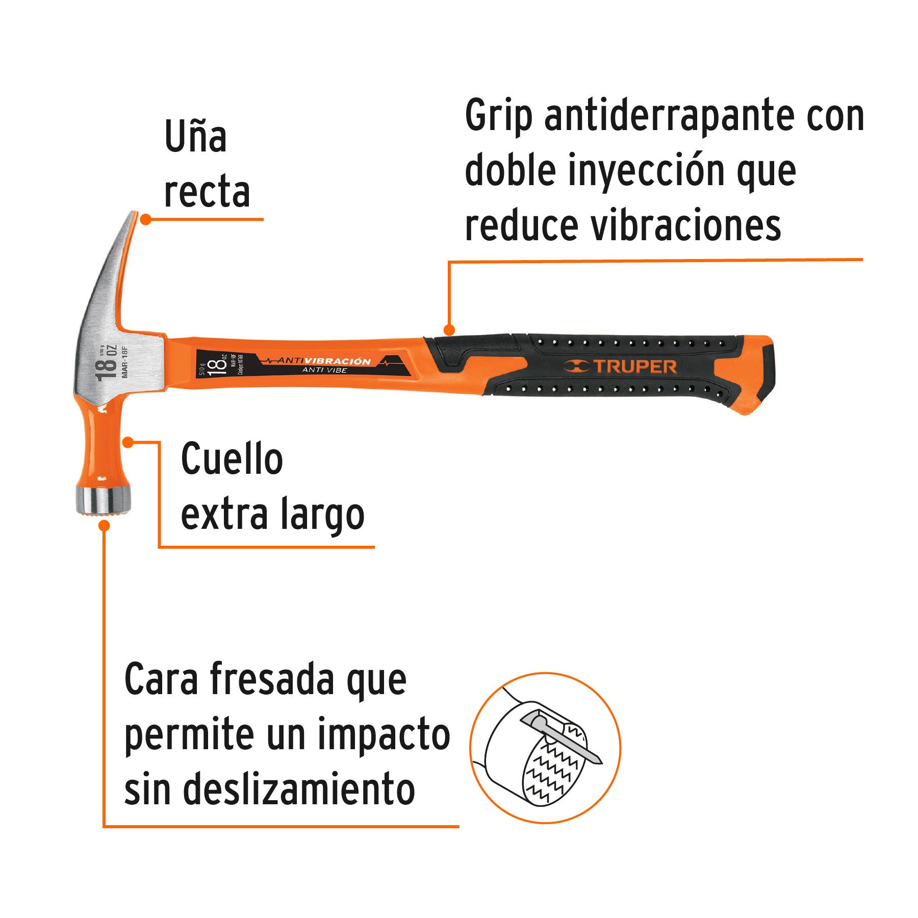 Martillo de uña recta, de 18 oz, mango fibra de vidrio