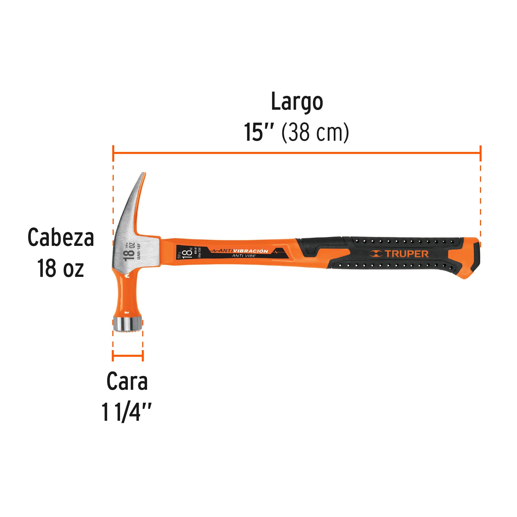 Martillo de uña recta, de 18 oz, mango fibra de vidrio