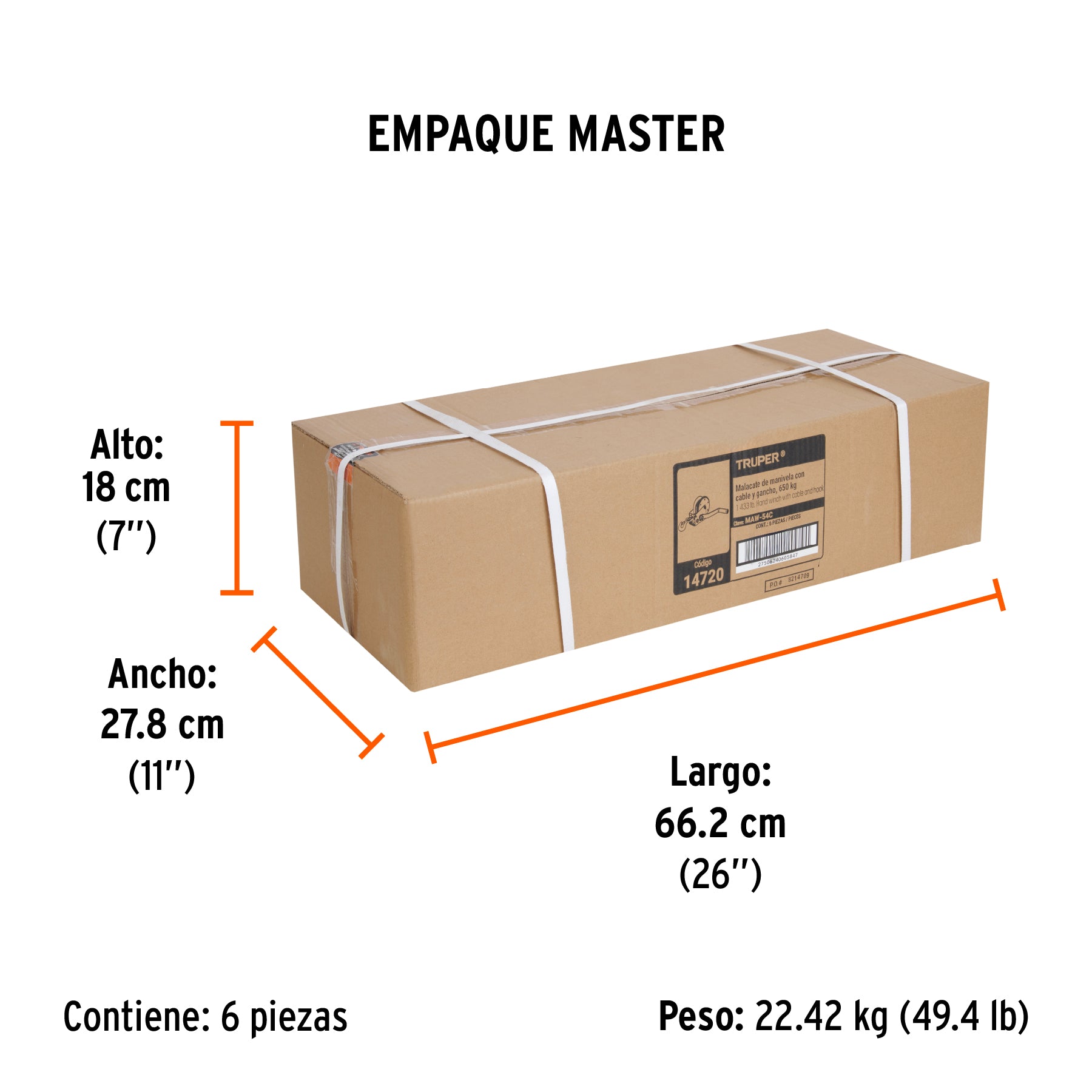 Malacate con manivela, 650 kg, con cable