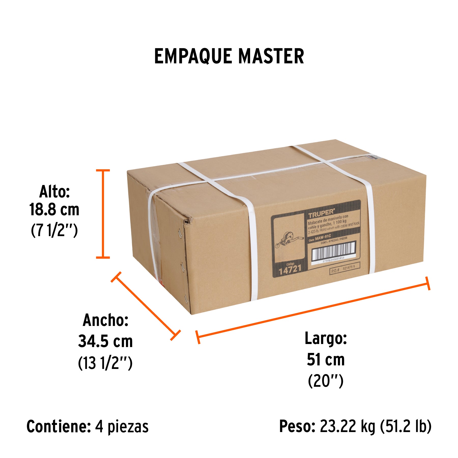 Malacate con manivela, 1100 kg, con cable
