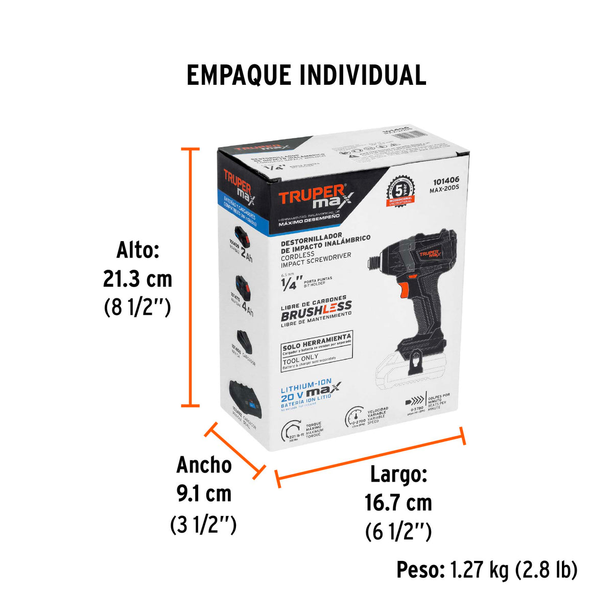 Destornillador de impacto 1/4' 20 V Truper MAX, sin batería
