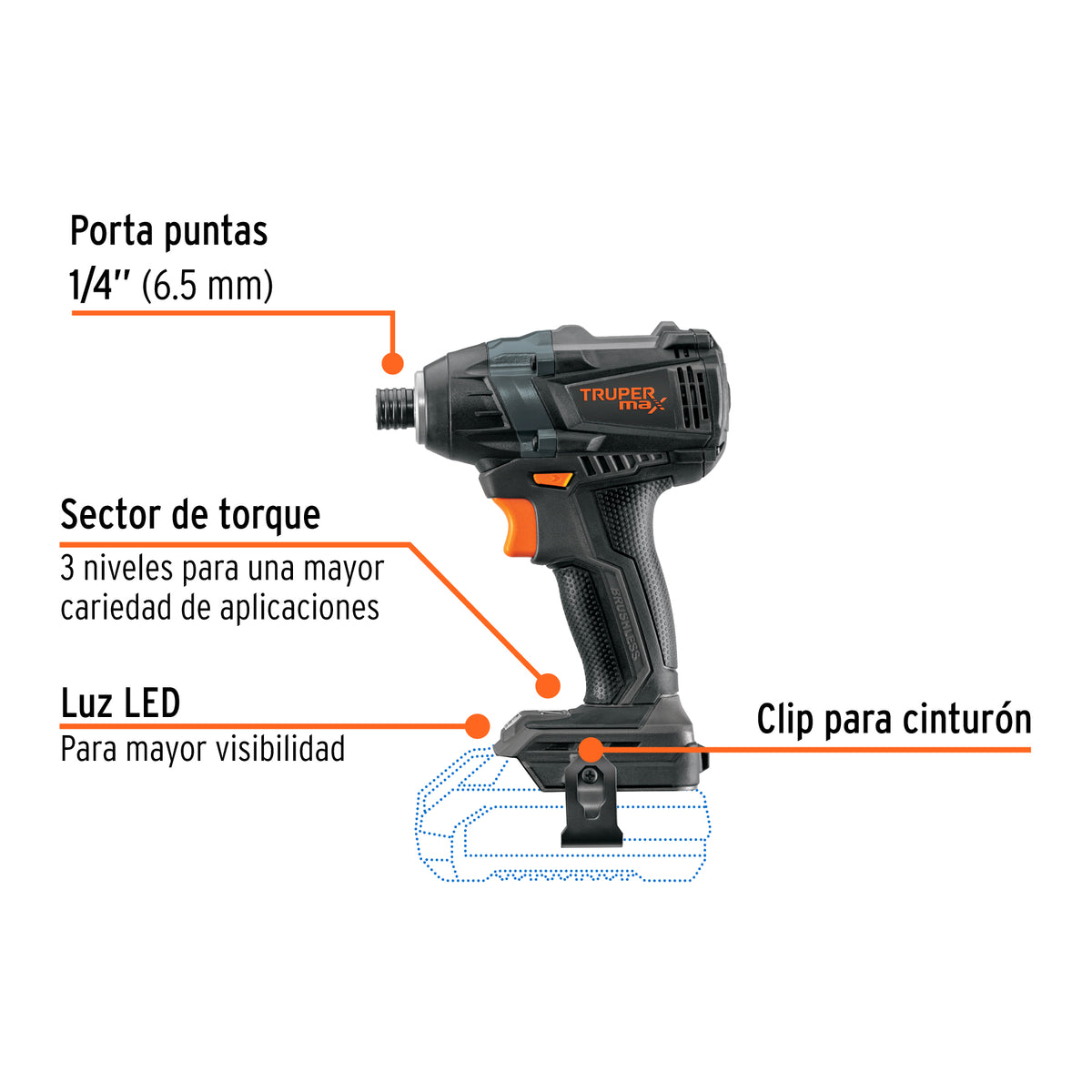 Destornillador de impacto 1/4' 20 V Truper MAX, sin batería