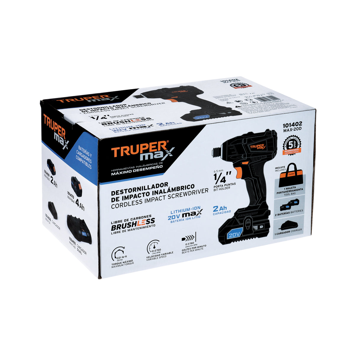 Destornillador de impacto, 20V, 2 baterías 2Ah, MAX
