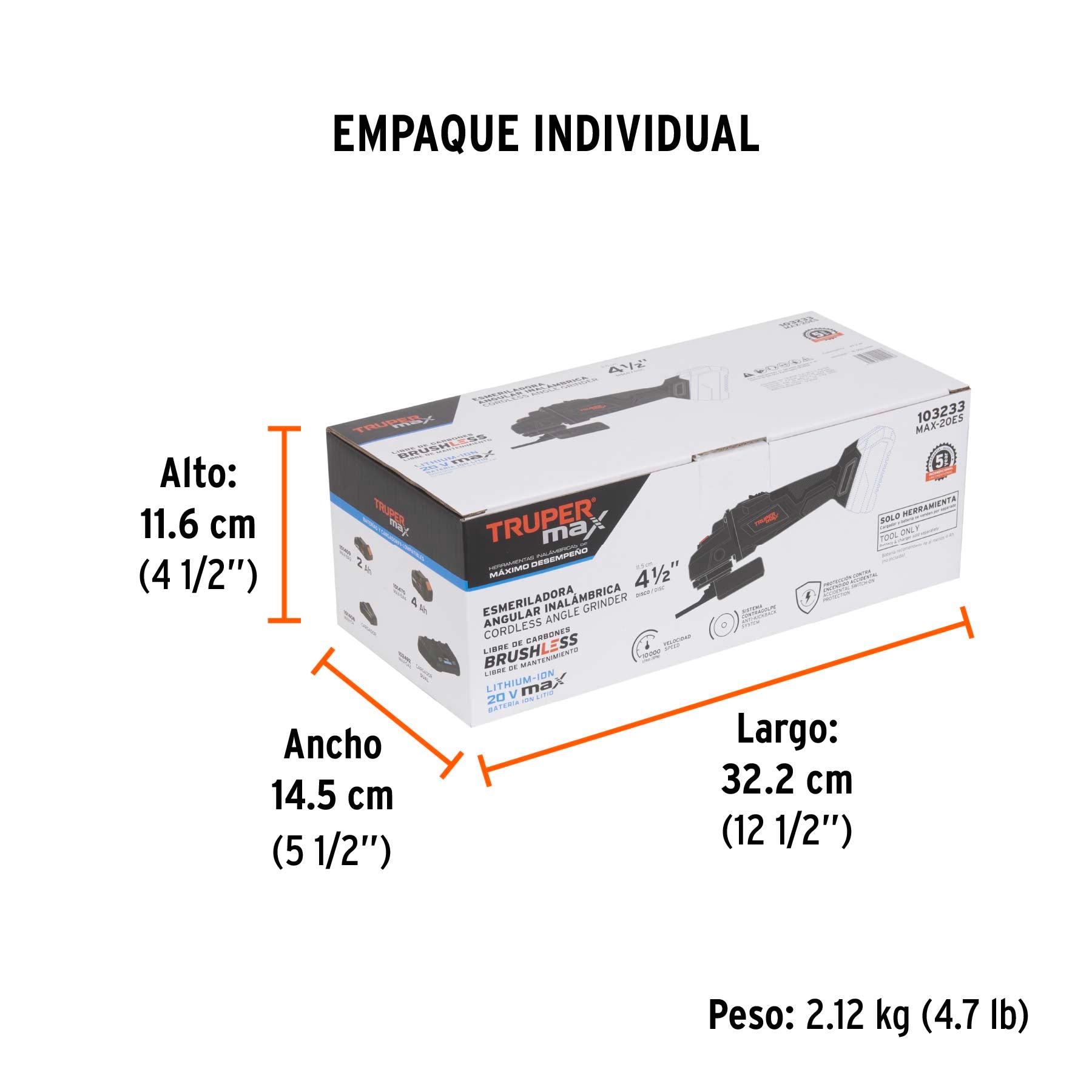 Esmeriladora 4-1/2', 20V, s/accesorios, MAX