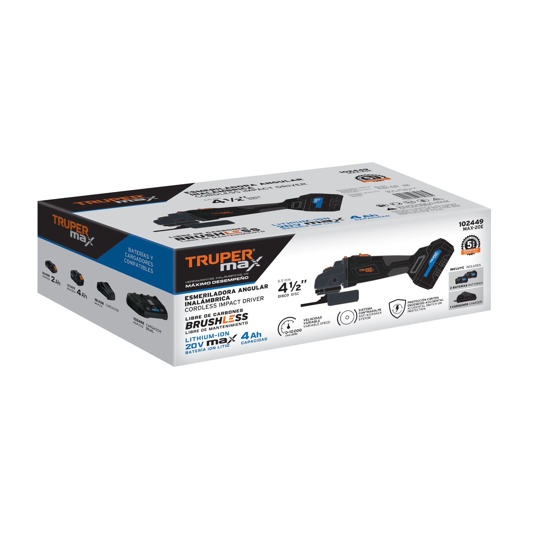 Esmeriladora angular inalámbrica 4-1/2', 20V, sin carbones