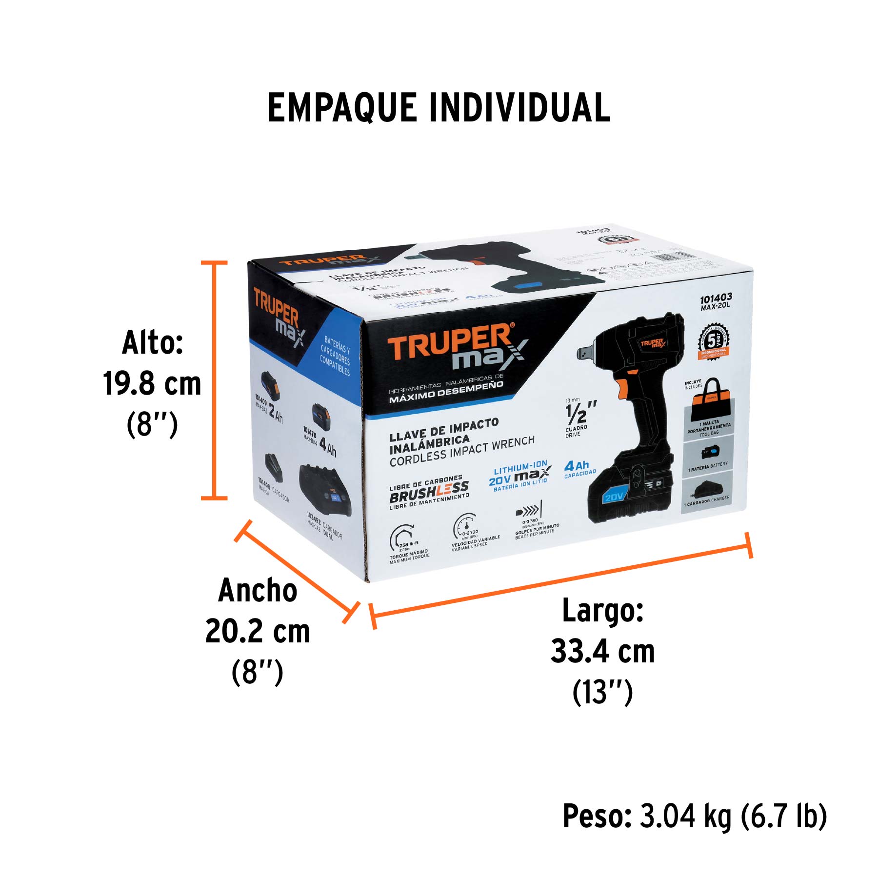 Llave de impacto inalámbrica 1/2' 20 V Truper MAX