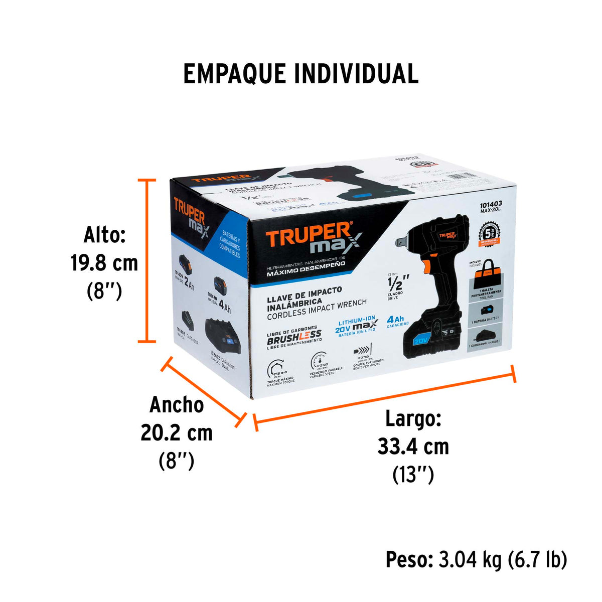 Llave de impacto 1/2", 20V, 155 lb/ft, 1 batería 4Ah, MAX