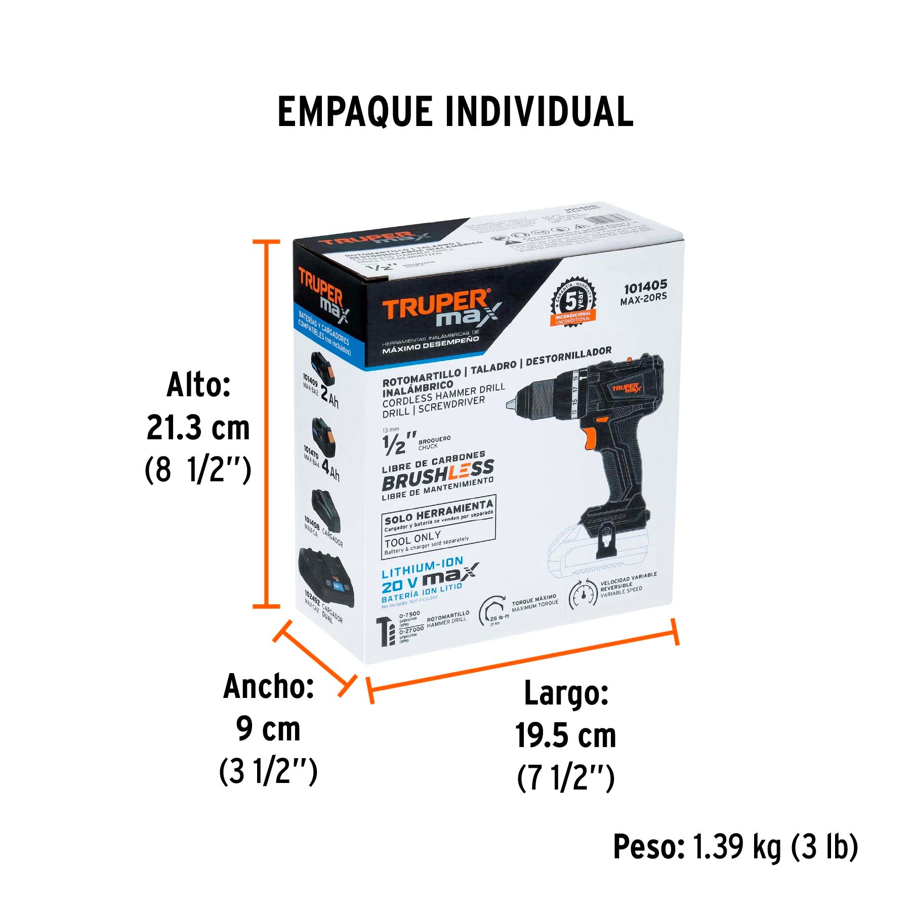 Rotomartillo inalámbrico 1/2' 20 V Truper MAX, sin batería