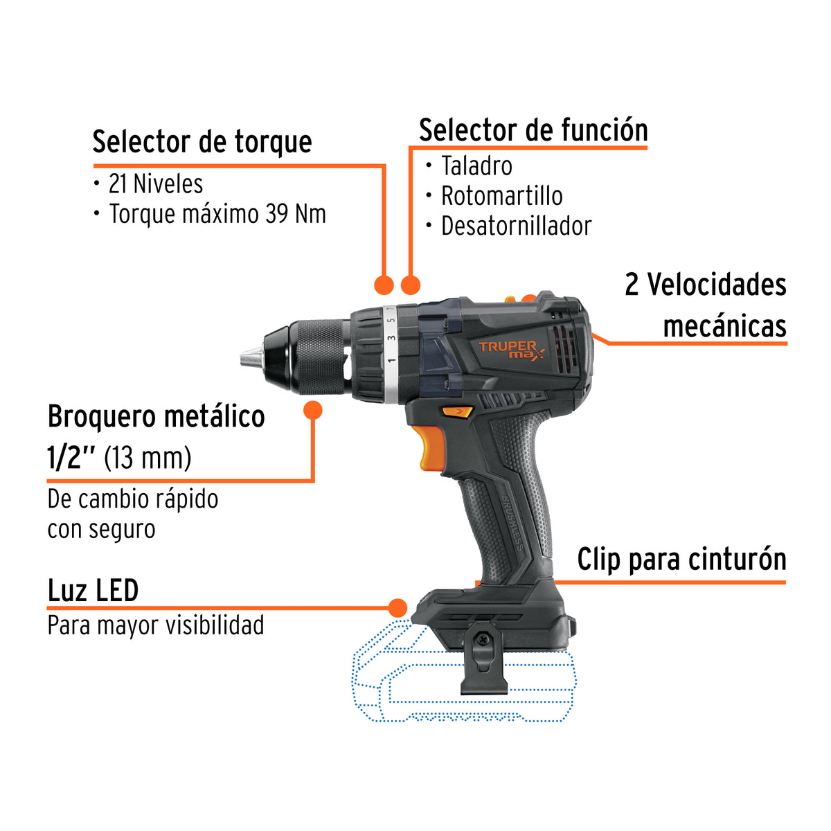 Rotomartillo inalámbrico 1/2' 20 V Truper MAX, sin batería