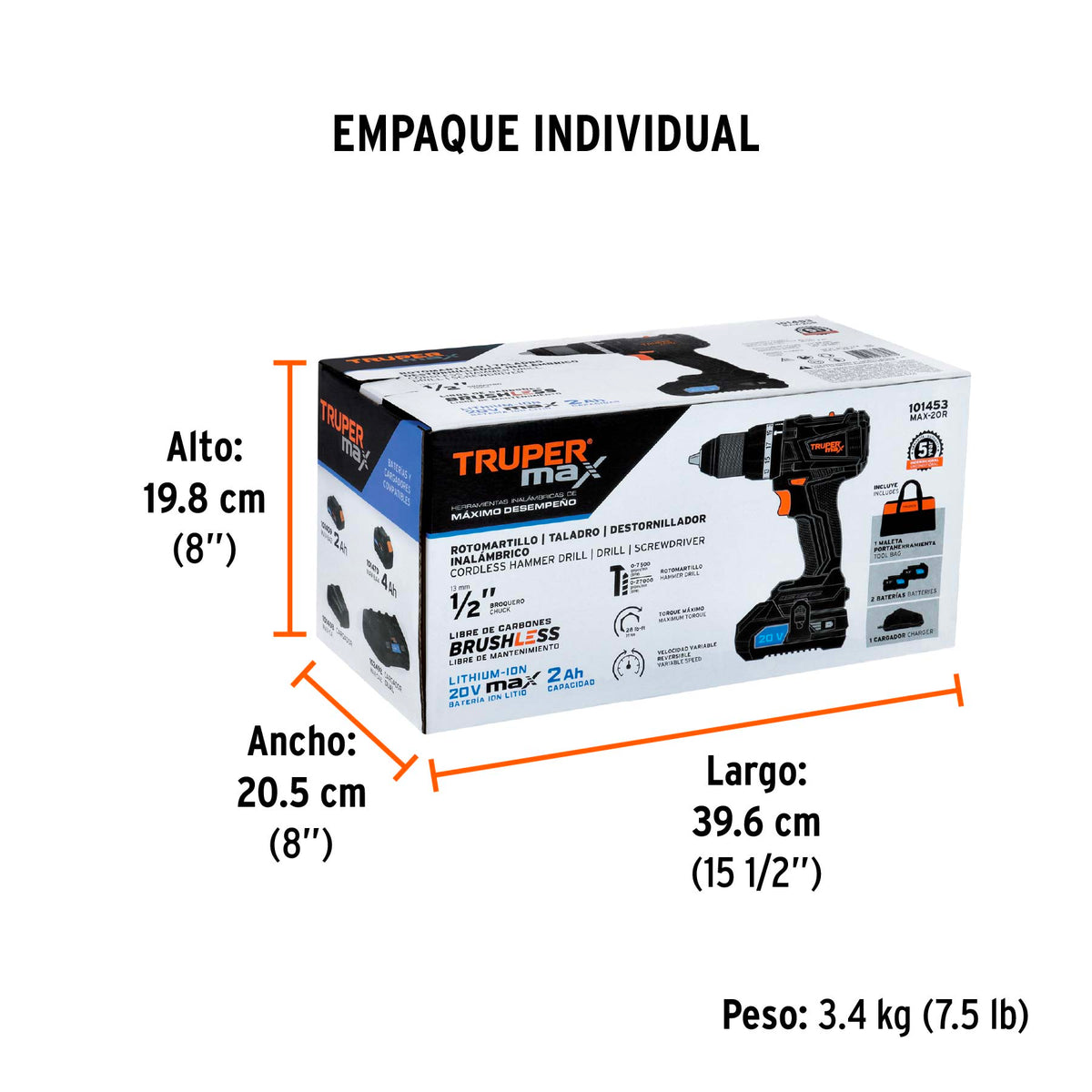 Rotomartillo 1/2", 20V, 2 baterías 2Ah, MAX