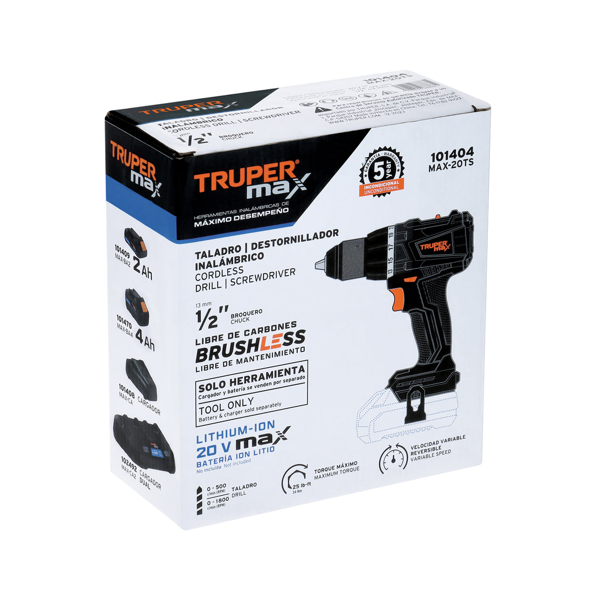Taladro inalámbrico 1/2' 20 V Truper MAX, sin batería