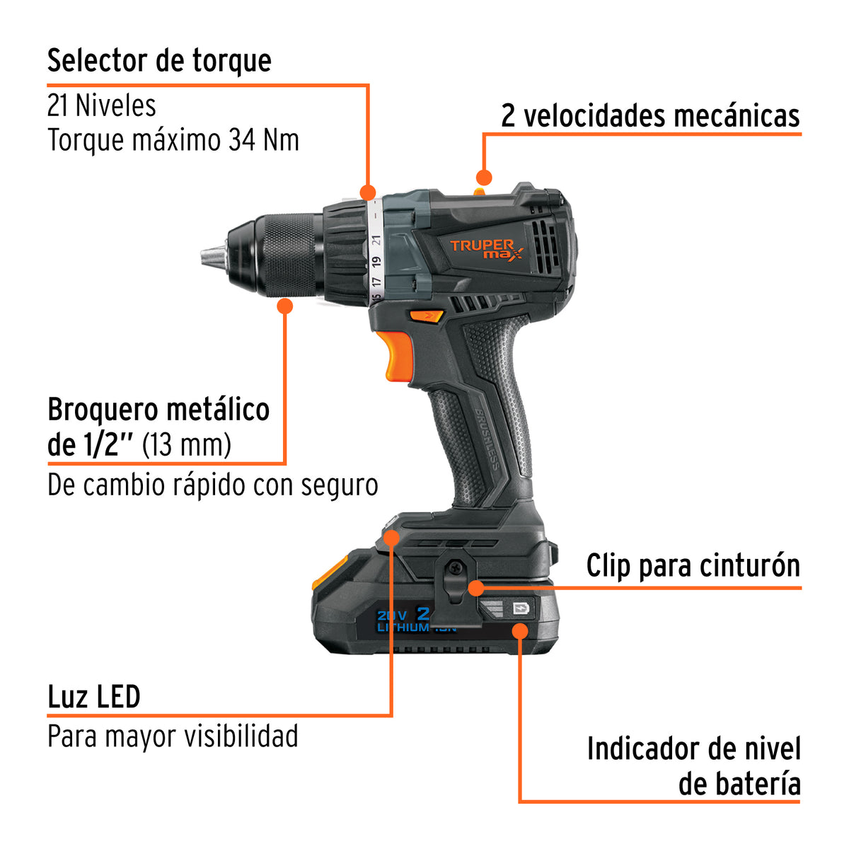 Taladro inalámbrico 1/2' 20 V Truper MAX