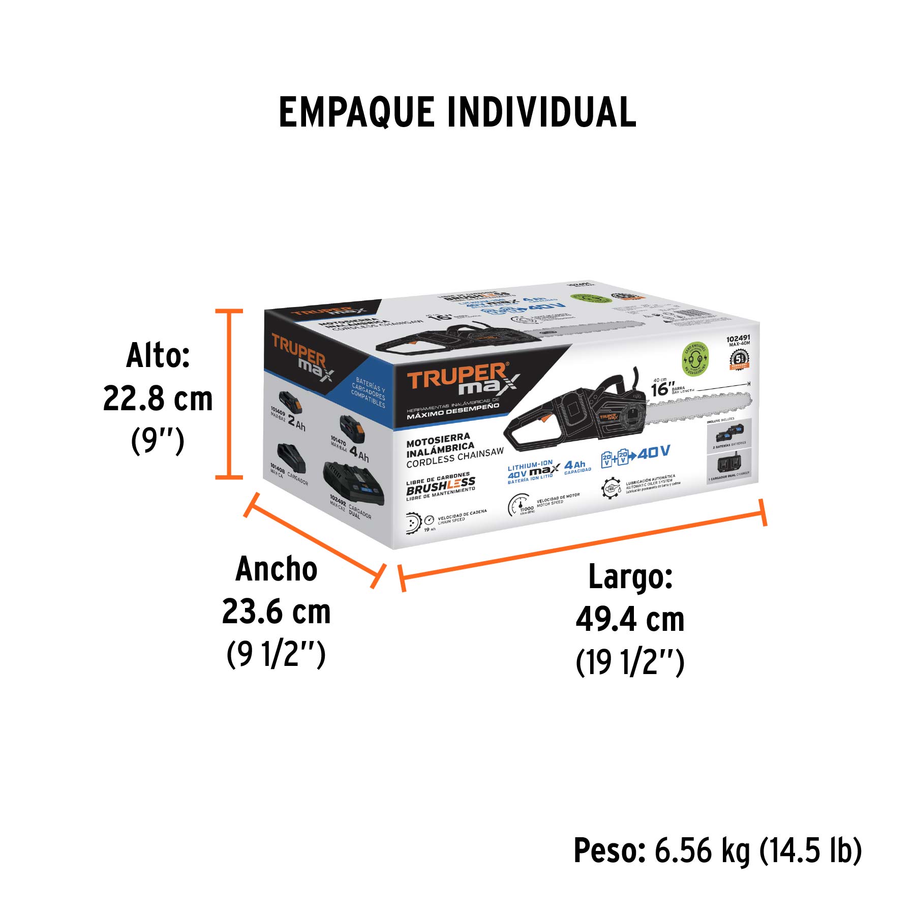 Motosierra inalámbrica 16', 40 V, sin carbones, Truper MAX