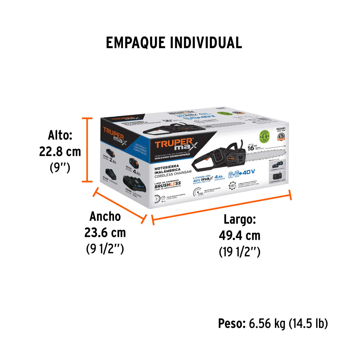 Motosierra inalámbrica 40V, sin carbones, TRUPER MAX
