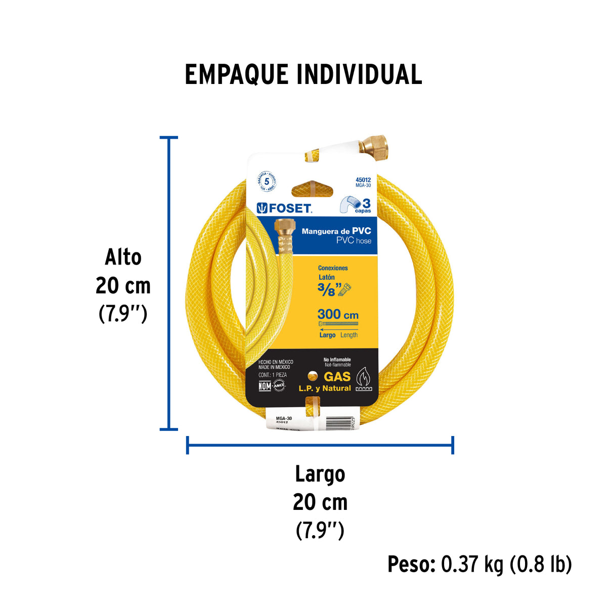 Manguera flexible, PVC, 3/8" con conexión, 3m