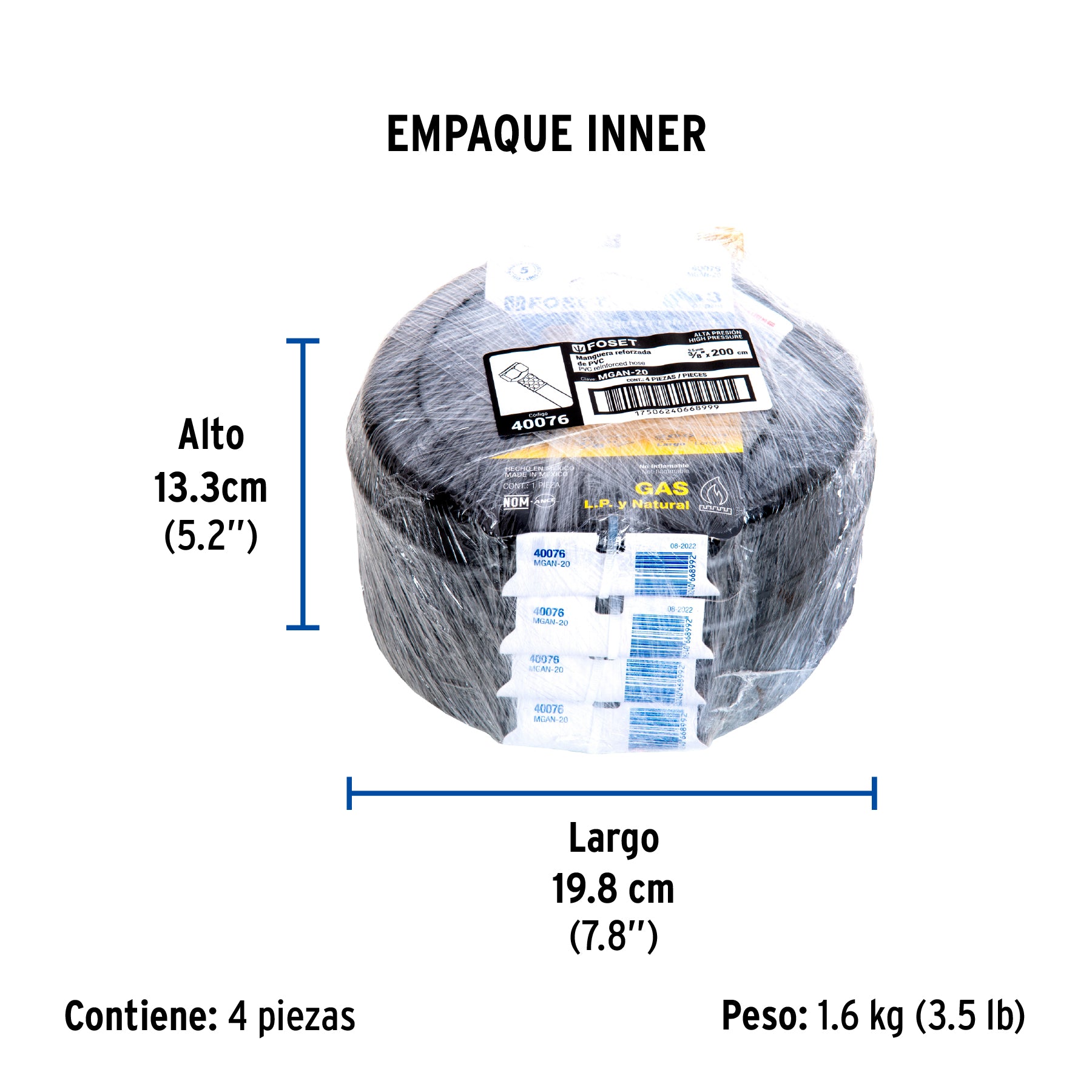 Manguera flexible negra, PVC, 3/8", 250 PSI,con conexión, 2m