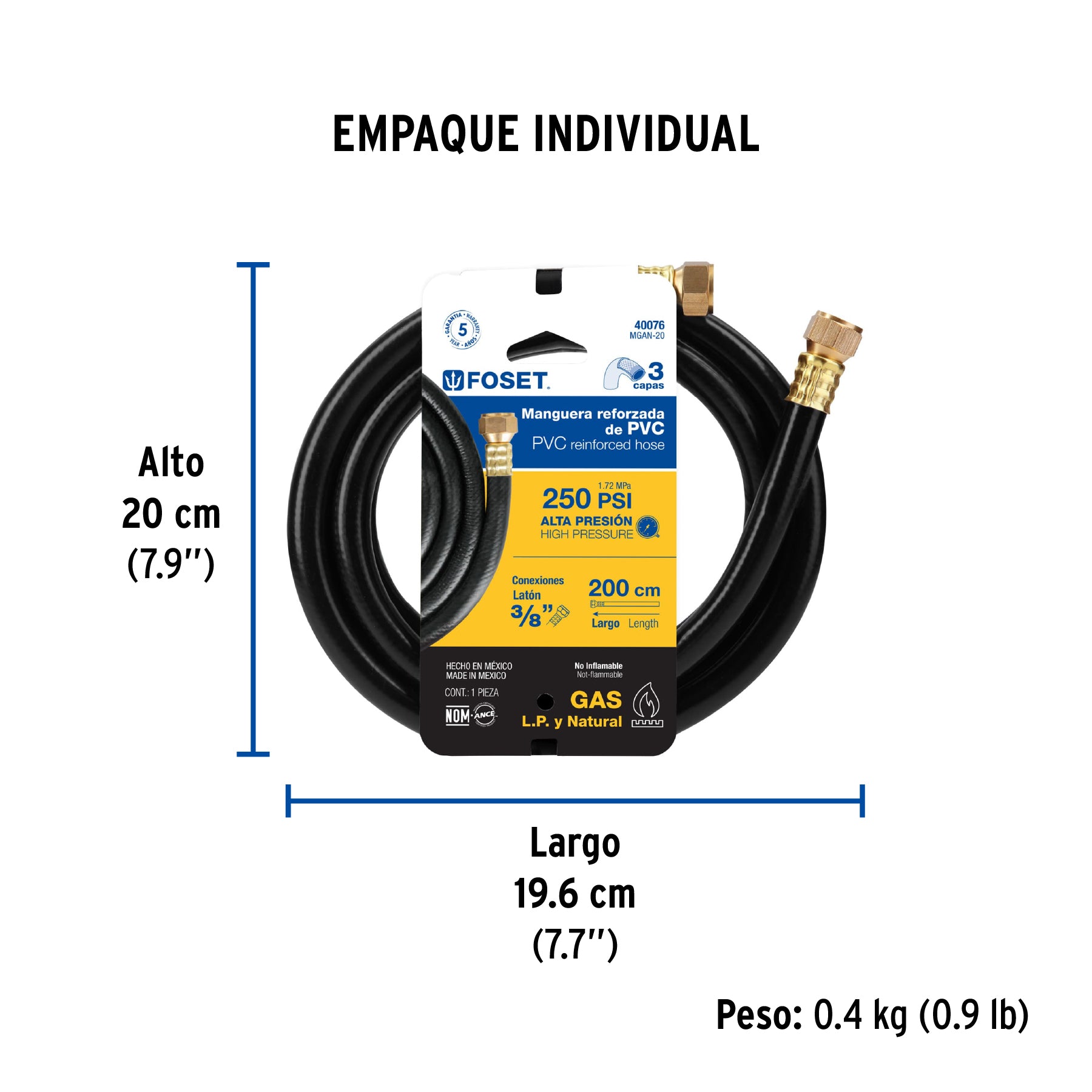 Manguera flexible negra, PVC, 3/8", 250 PSI,con conexión, 2m