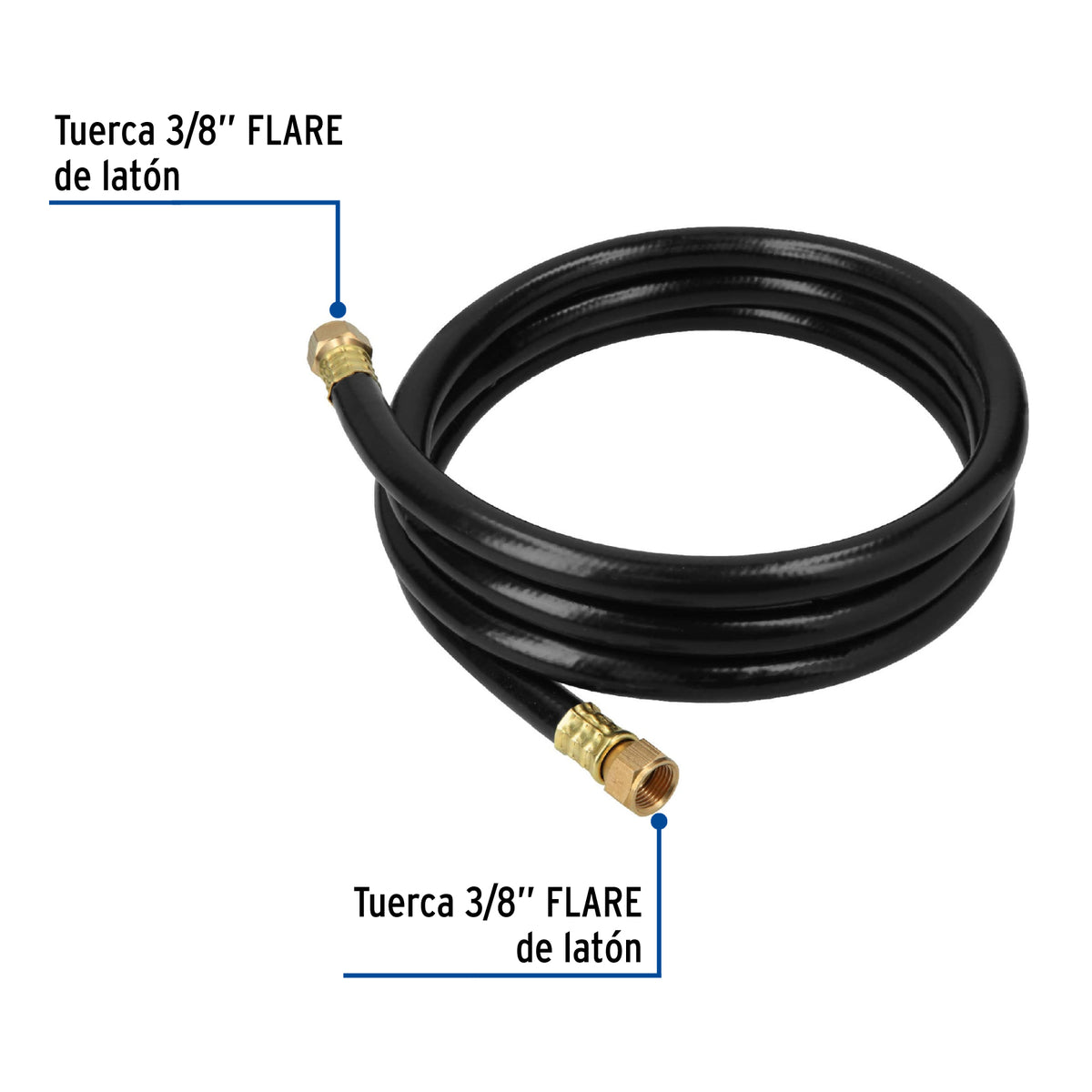 Manguera flexible negra, PVC, 3/8", 250 PSI,con conexión, 2m